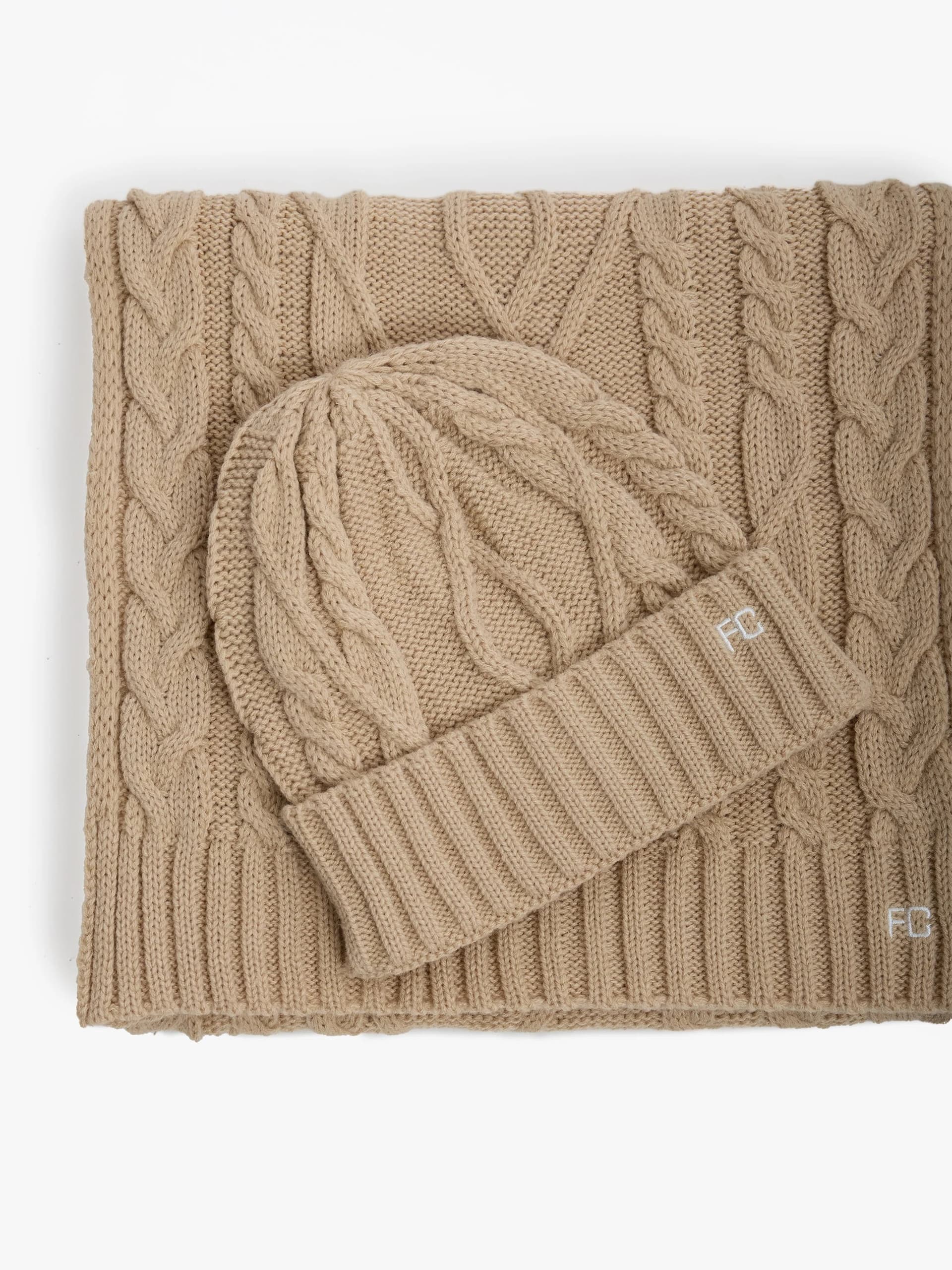 French Connection French Connection Camel Cable Knit Scarf and Beanie Set