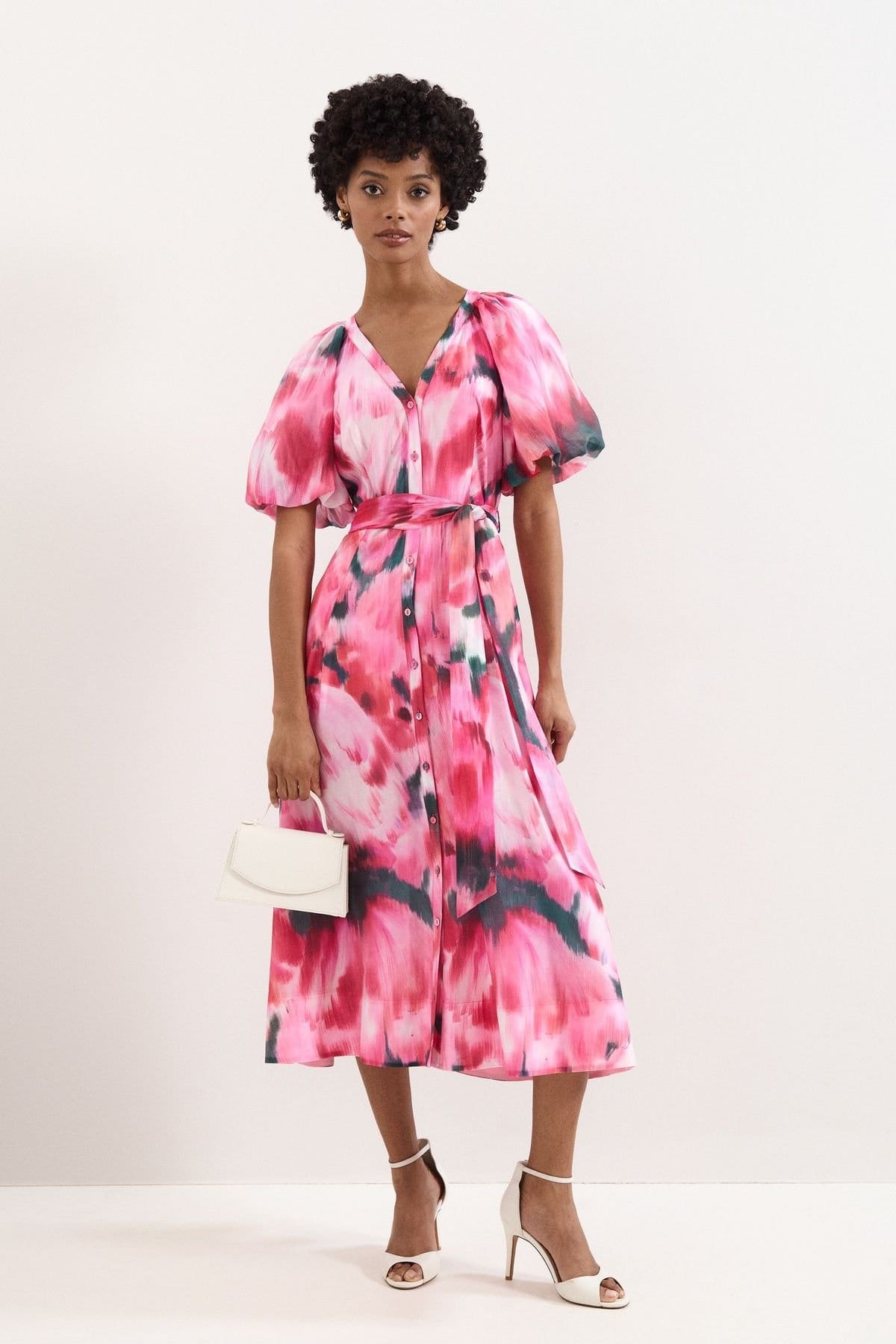 Phase Eight Fuchsia Puff Sleeve V-Neck Midi Dress