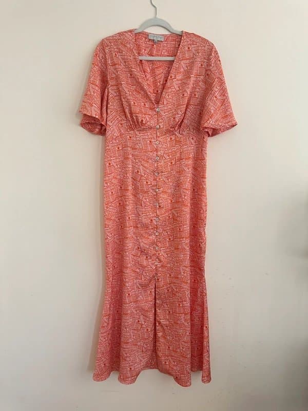 Never Fully Dressed Never Fully Dressed Size 16 Coral Print Button Front Midi Maxi Dress Polyester 16