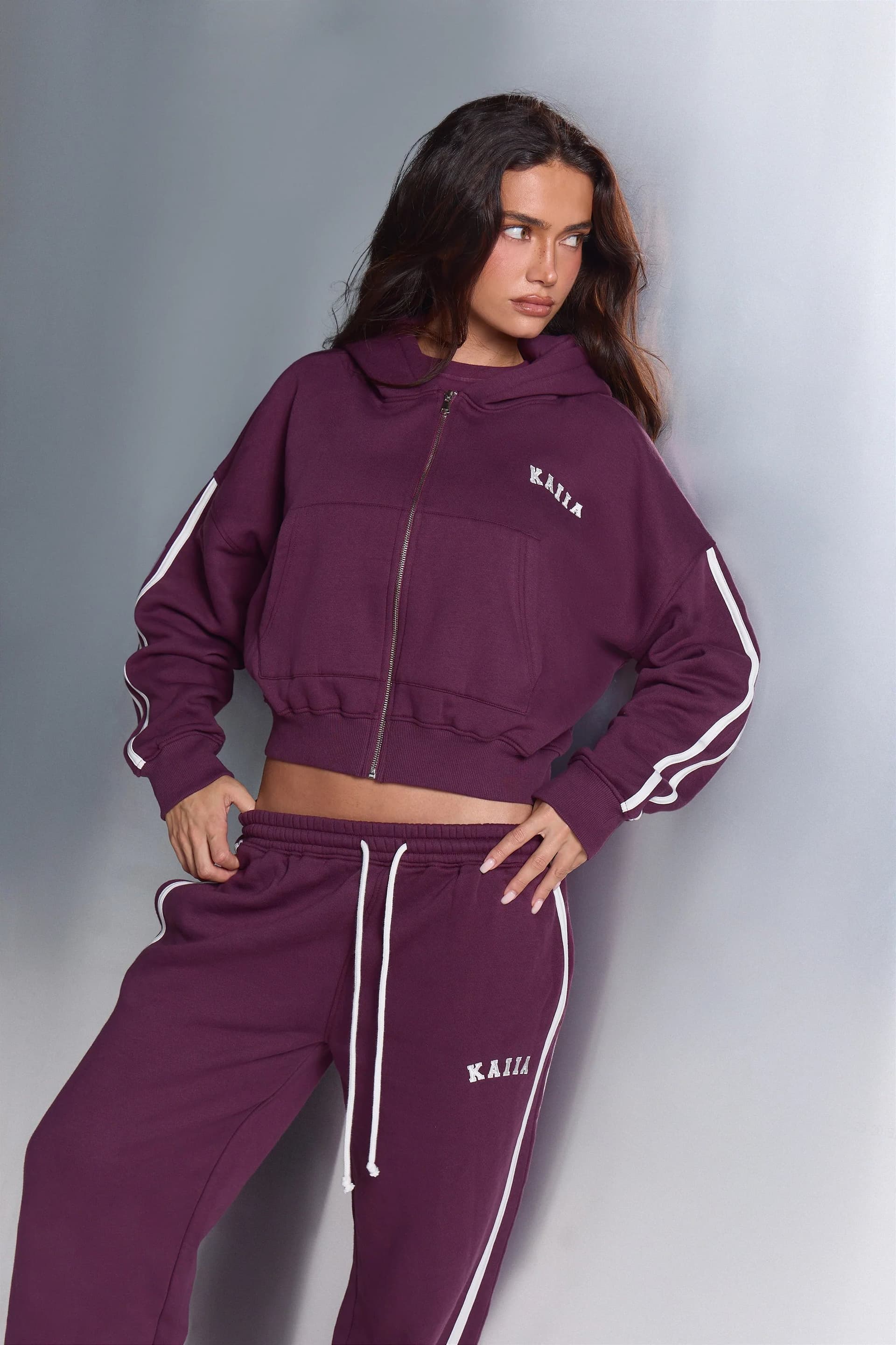 Kaiia Kaiia Sport Side Stripe Oversized Zip Through Hoodie Dark Plum & White