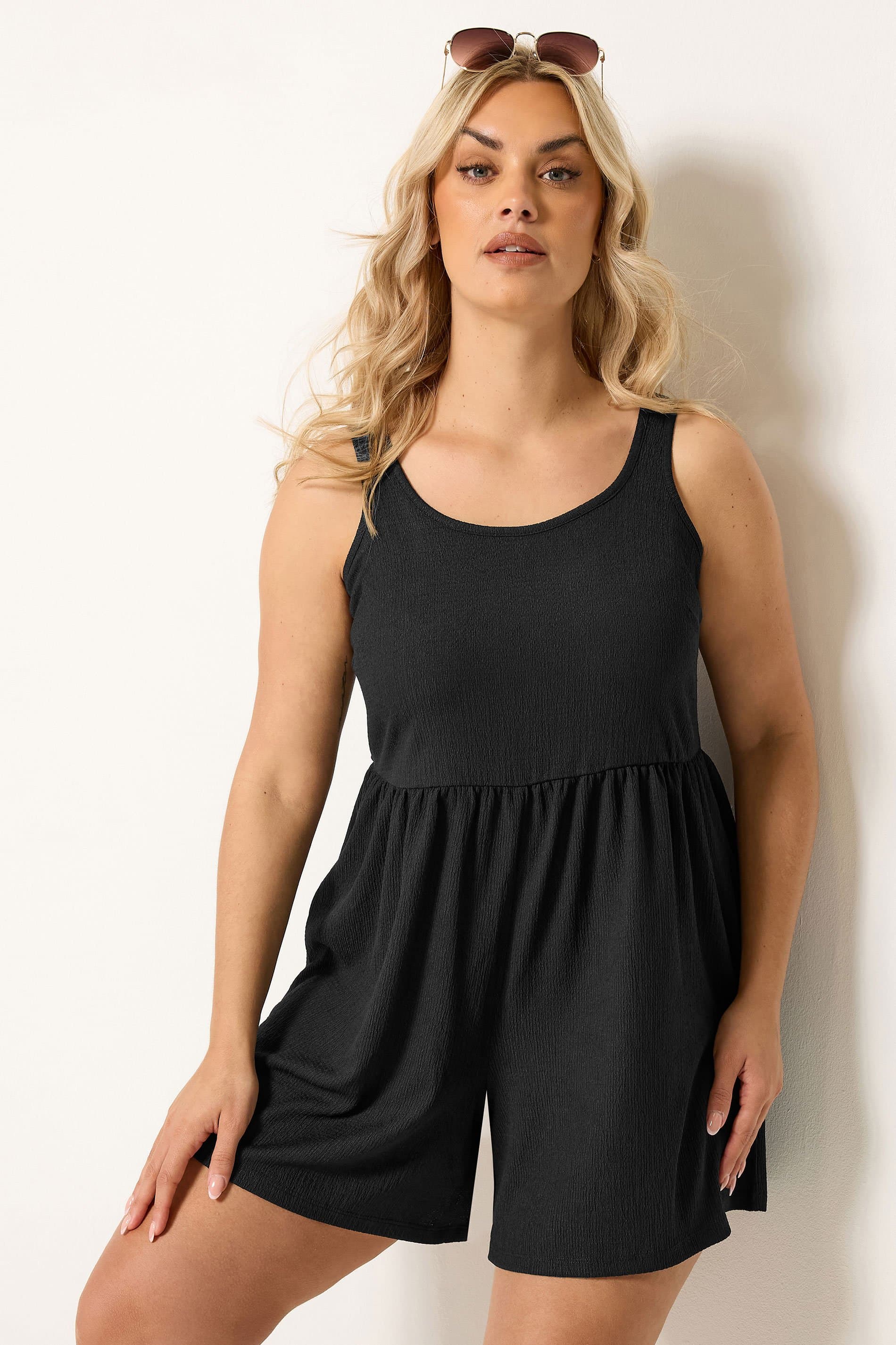 Yours Plus Size Black Smock Textured Playsuit