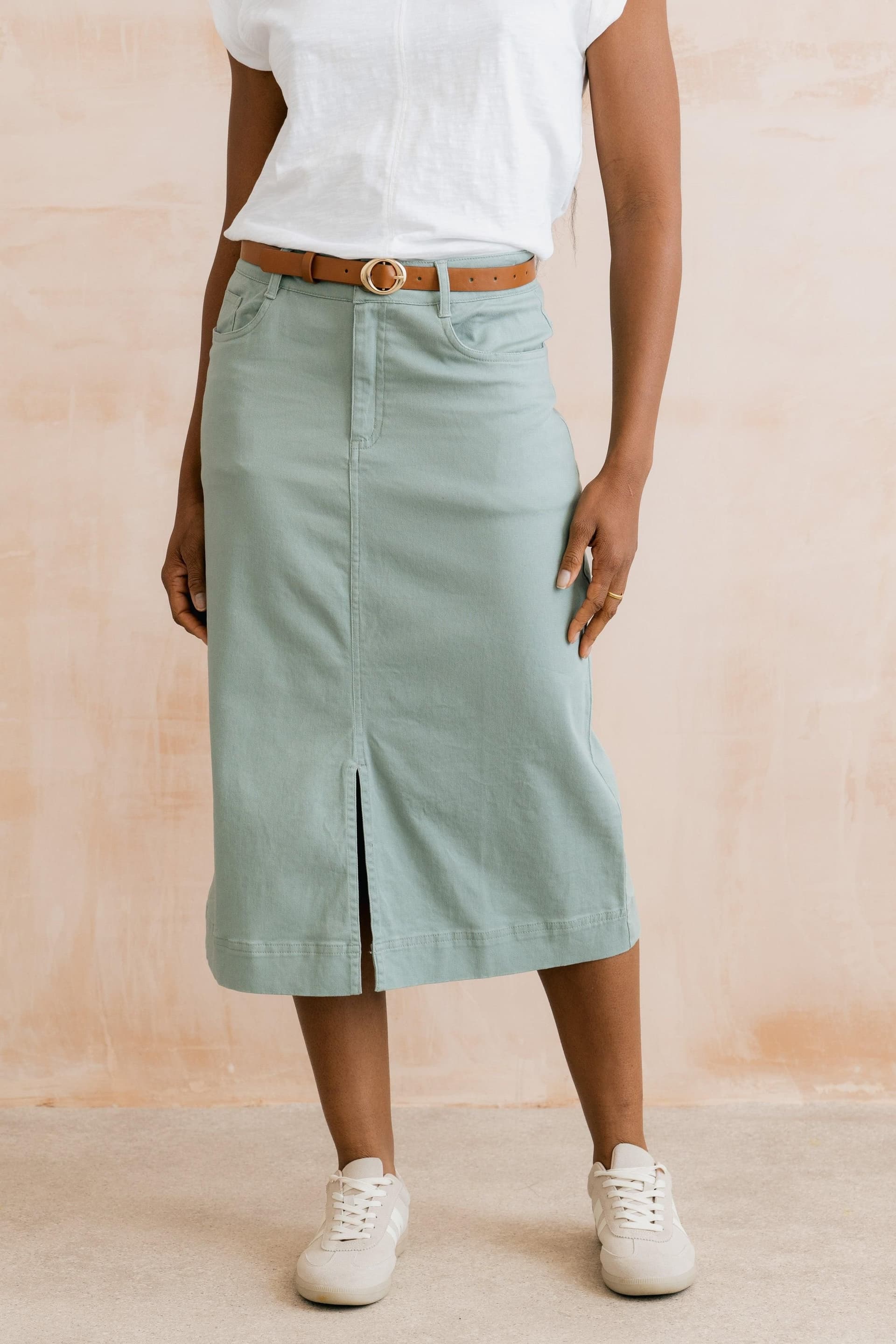 Lily & Me Lily & Me Women's Morwenna Stretch Cotton Midi Skirt with Button & Zip Front in Olive