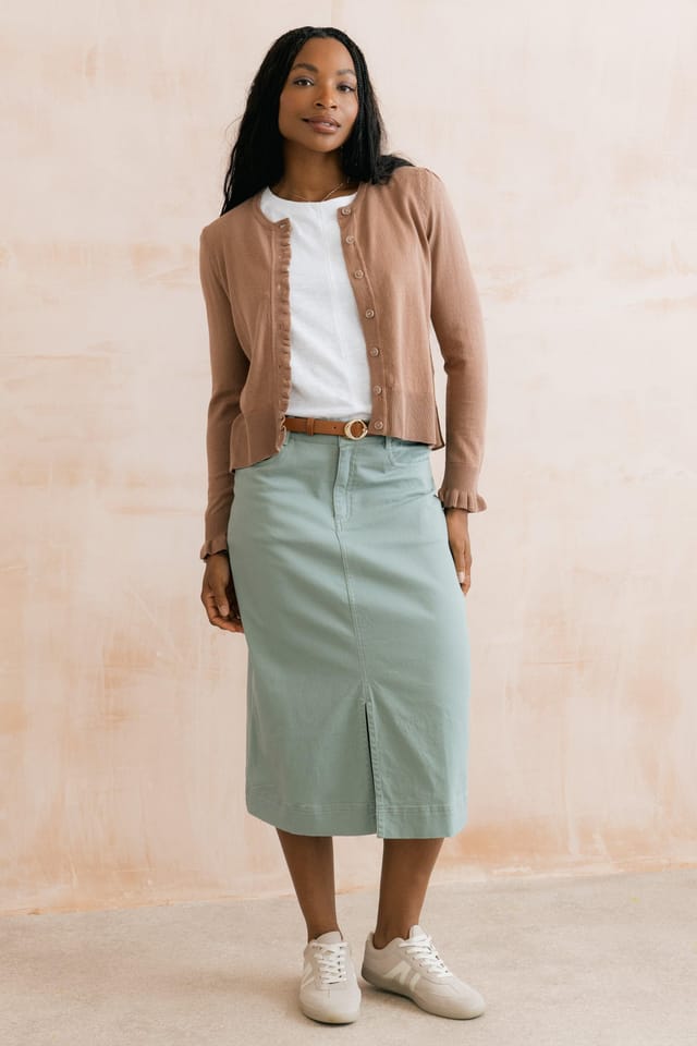 Lily & Me Lily & Me Women's Morwenna Stretch Cotton Midi Skirt with Button & Zip Front in Olive - 2