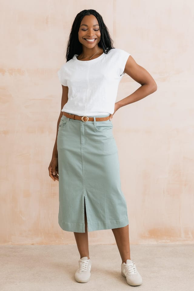 Lily & Me Lily & Me Women's Morwenna Stretch Cotton Midi Skirt with Button & Zip Front in Olive - 3