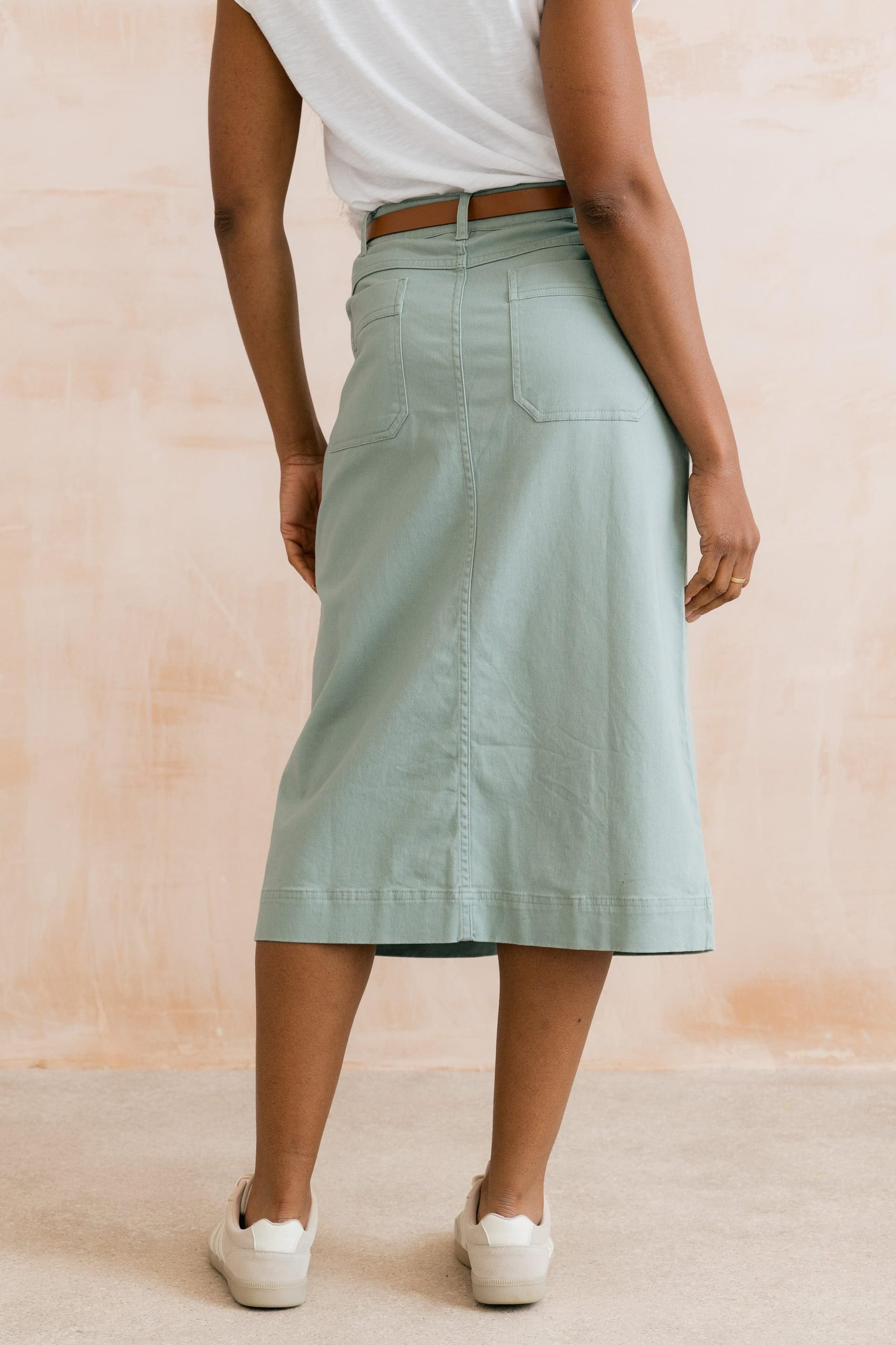 Lily & Me Lily & Me Women's Morwenna Stretch Cotton Midi Skirt with Button & Zip Front in Olive - 4