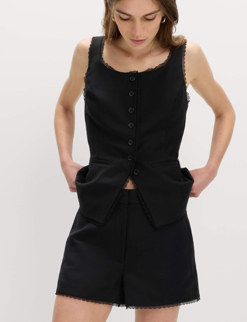 Marks & Spencer M&S Lyocell Rich Tailored Shorts with Linen Black