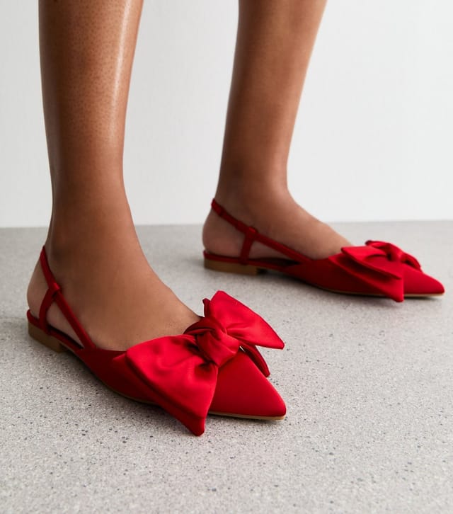 New Look Women's Red Satin Bow Slingback Ballerina Pumps New Look - 2