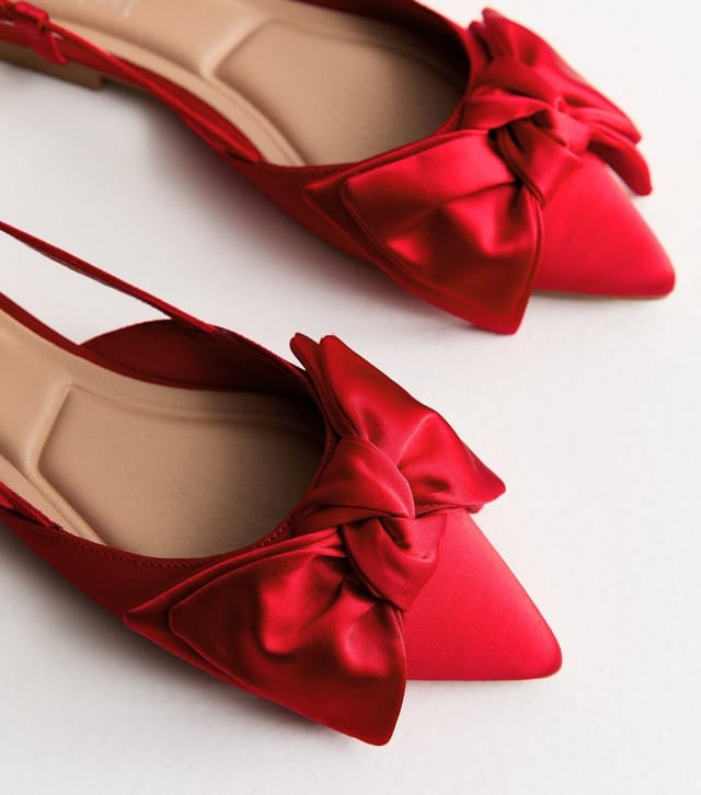 New Look Women's Red Satin Bow Slingback Ballerina Pumps New Look - 3