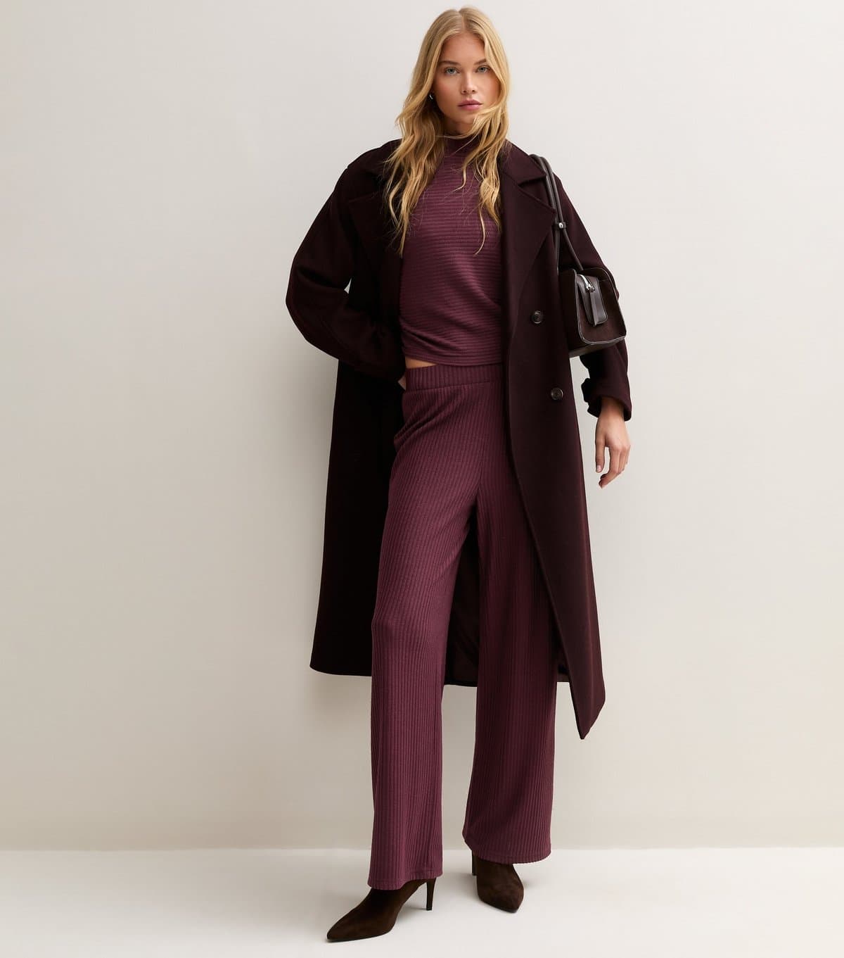 New Look Women's Dark Burgundy Soft Touch Ribbed Wide Leg Trousers New Look