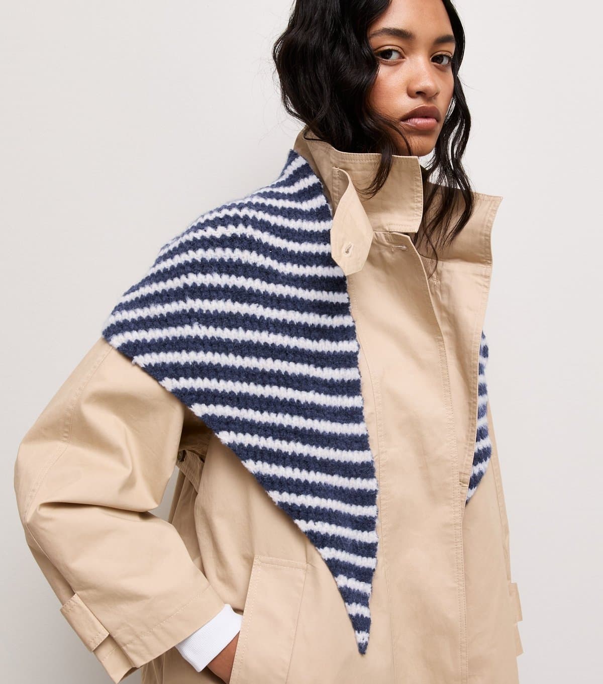 New Look New Look Navy Eyelash Stripe Knitted Triangle Scarf