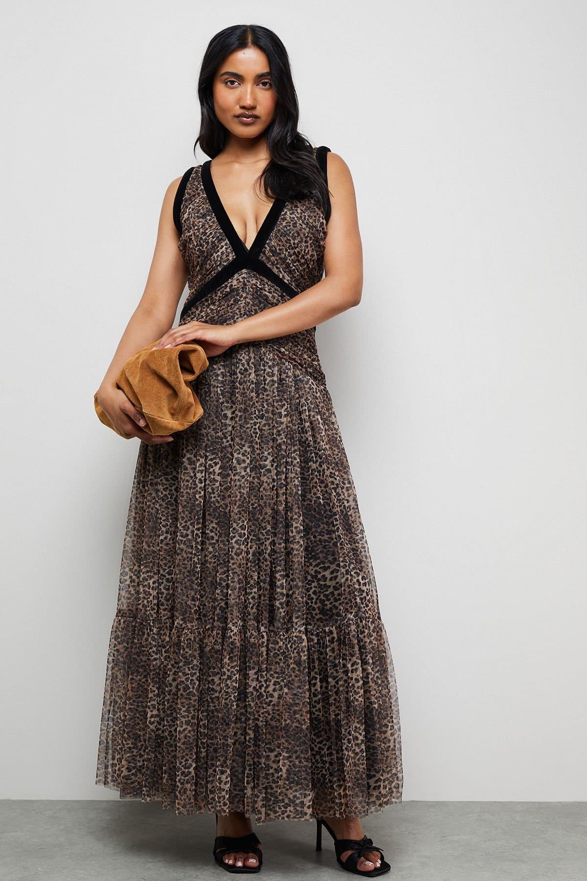 Warehouse Warehouse Women's Velvet Trim Leopard Tulle Maxi Dress in Animal