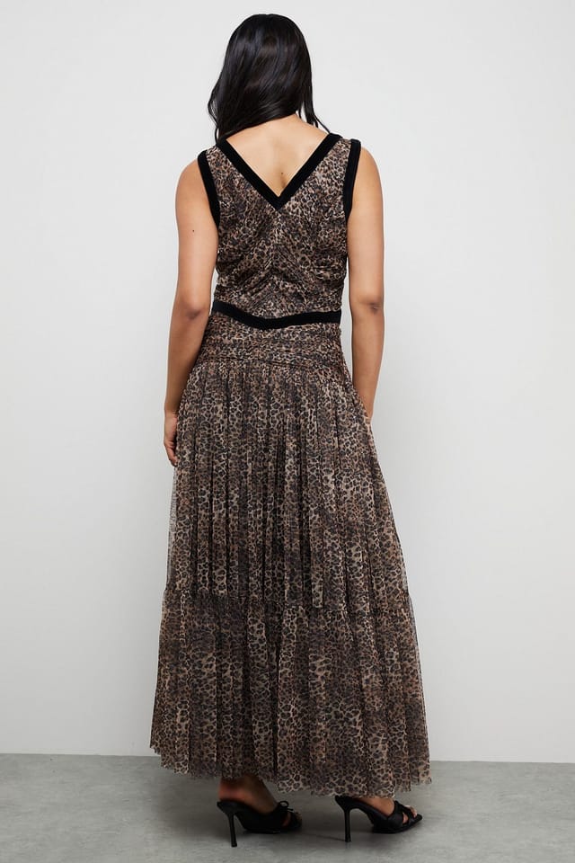 Warehouse Warehouse Women's Velvet Trim Leopard Tulle Maxi Dress in Animal - 3