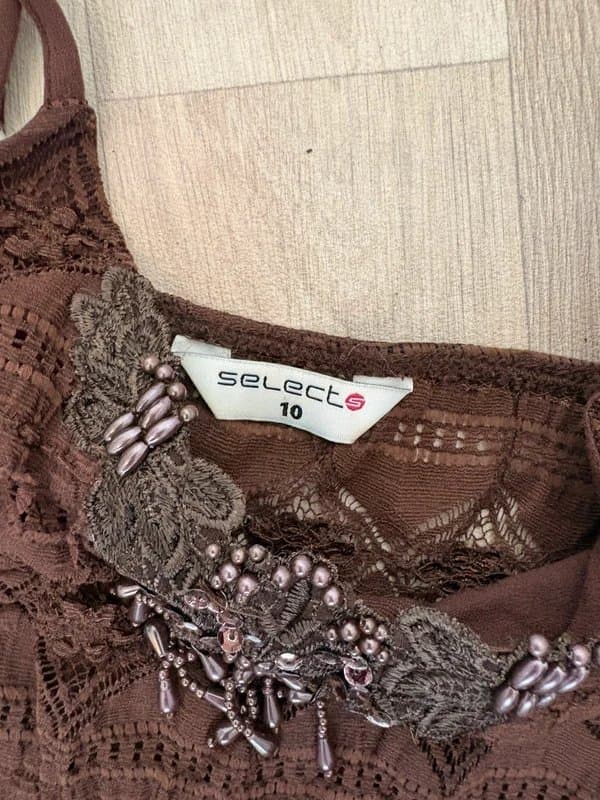 Select Y2K Brown Lace Cami Top Beaded Embellished Fairy Grunge Boho Coquette Size 10