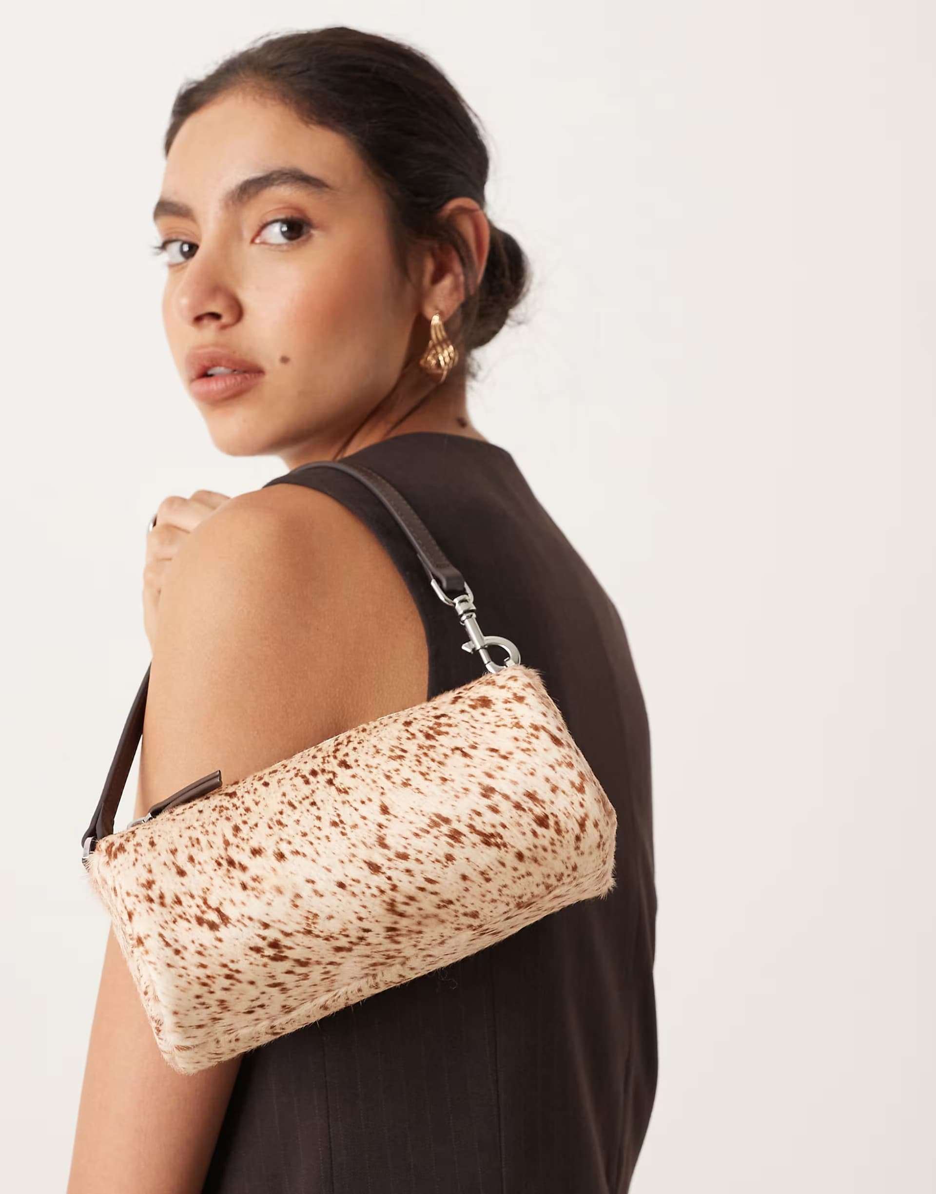 ASOS Mango hair on real leather animal print shoulder bag in brown