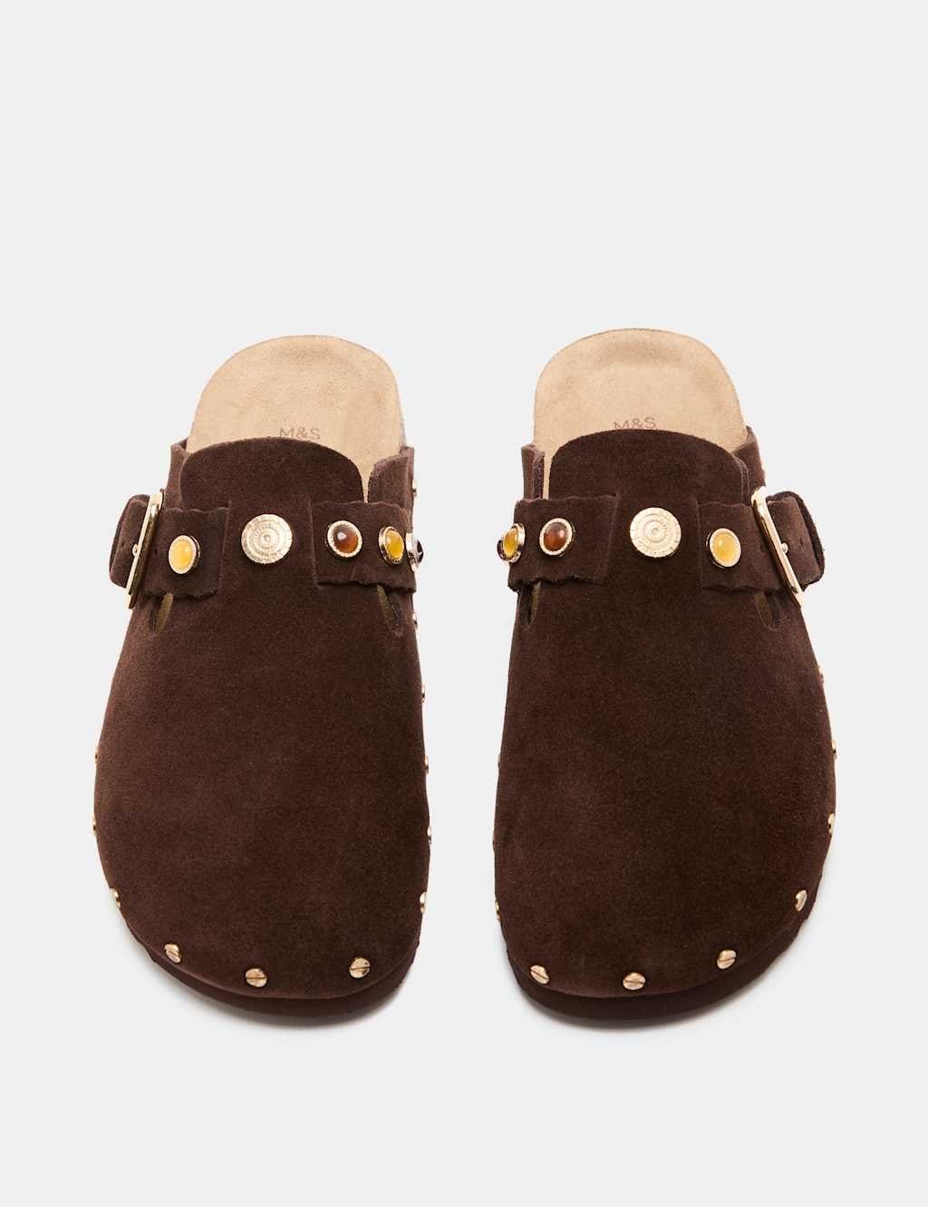 Marks & Spencer M&S Suede Studded Flat Clogs Dark Brown - 1