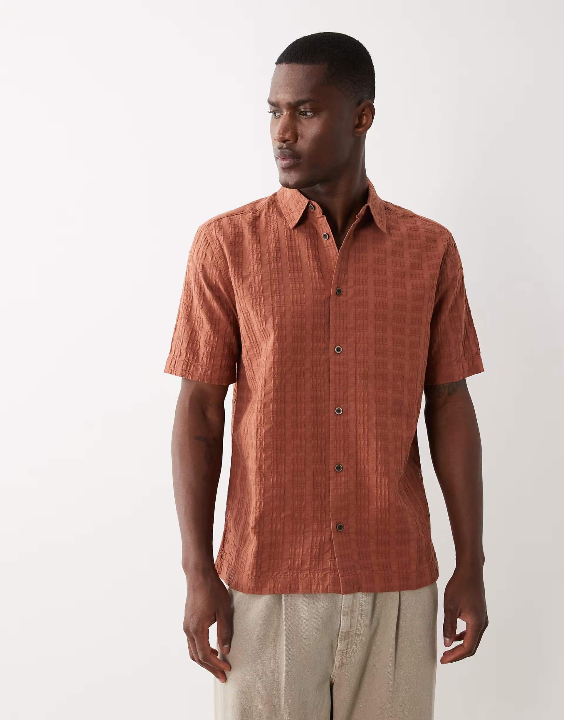 ASOS ONLY & SONS short sleeve textured shirt in rust brown