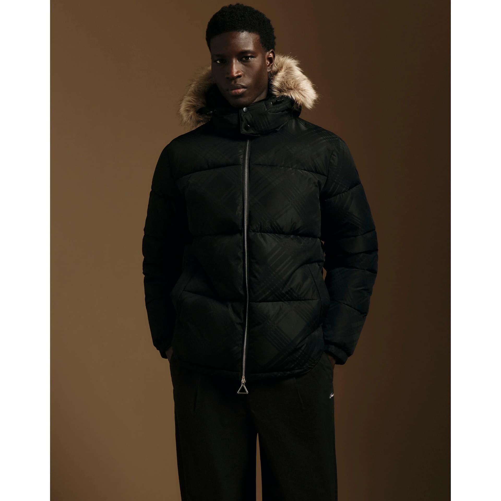 River Island Mens River Island Black Check Hooded Puffer Jacket