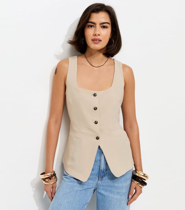 New Look Women's Stone Square Neck Button Down Waistcoat New Look - 2