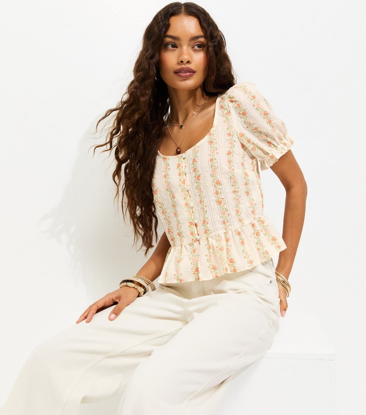 New Look Women's Petite White Cotton Rich Stripe Ditsy Button Tea Blouse New Look