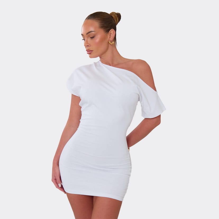 EGO One Shoulder Cinched Waist T-Shirt Dress In White, Women's Size UK 6 - 1