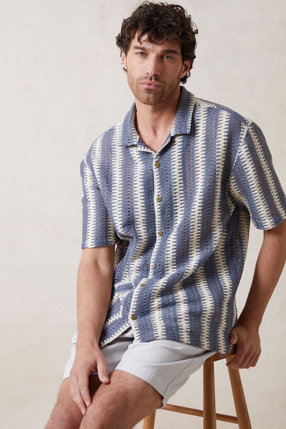 Threadbare threadbare Men's Crochet Relaxed Fit Short Sleeve Shirt in Blue