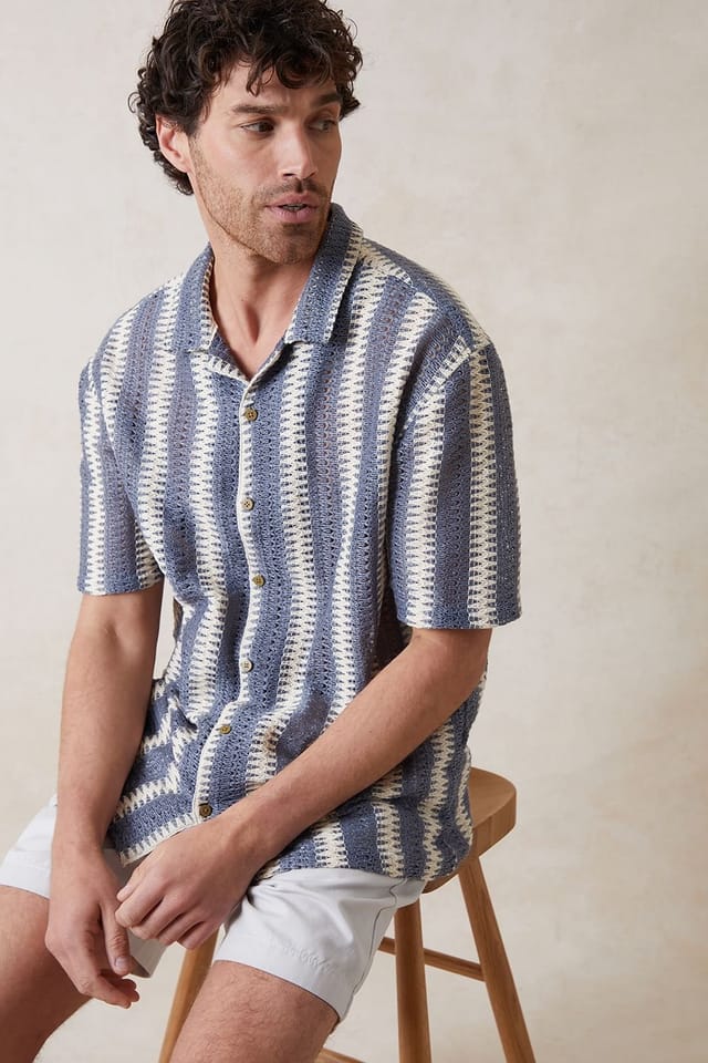 Threadbare threadbare Men's Crochet Relaxed Fit Short Sleeve Shirt in Blue - 2