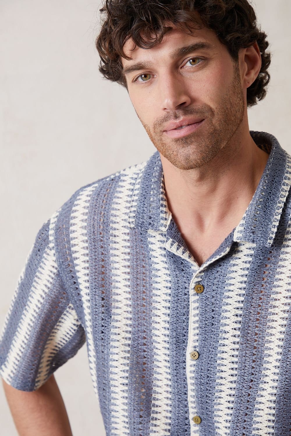 Threadbare threadbare Men's Crochet Relaxed Fit Short Sleeve Shirt in Blue - 4
