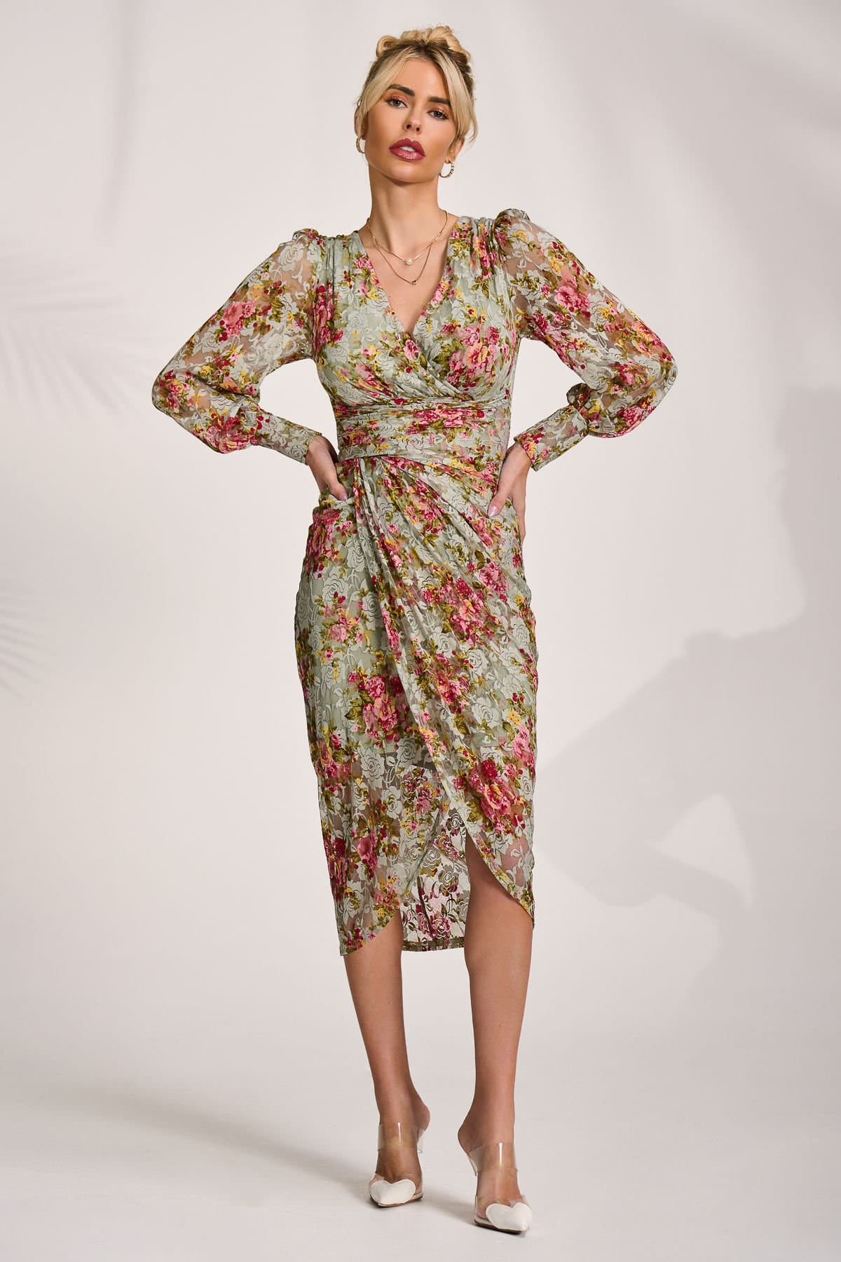 Jolie Moi Jolie Moi Women's Lace Long Sleeve Ruched Bodycon Dress in Green