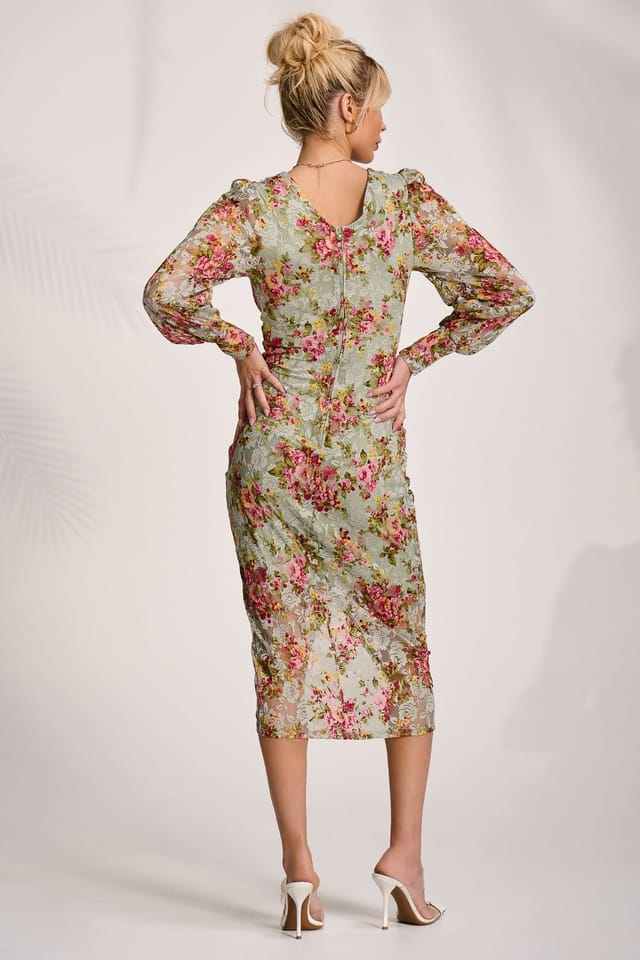 Jolie Moi Jolie Moi Women's Lace Long Sleeve Ruched Bodycon Dress in Green - 2