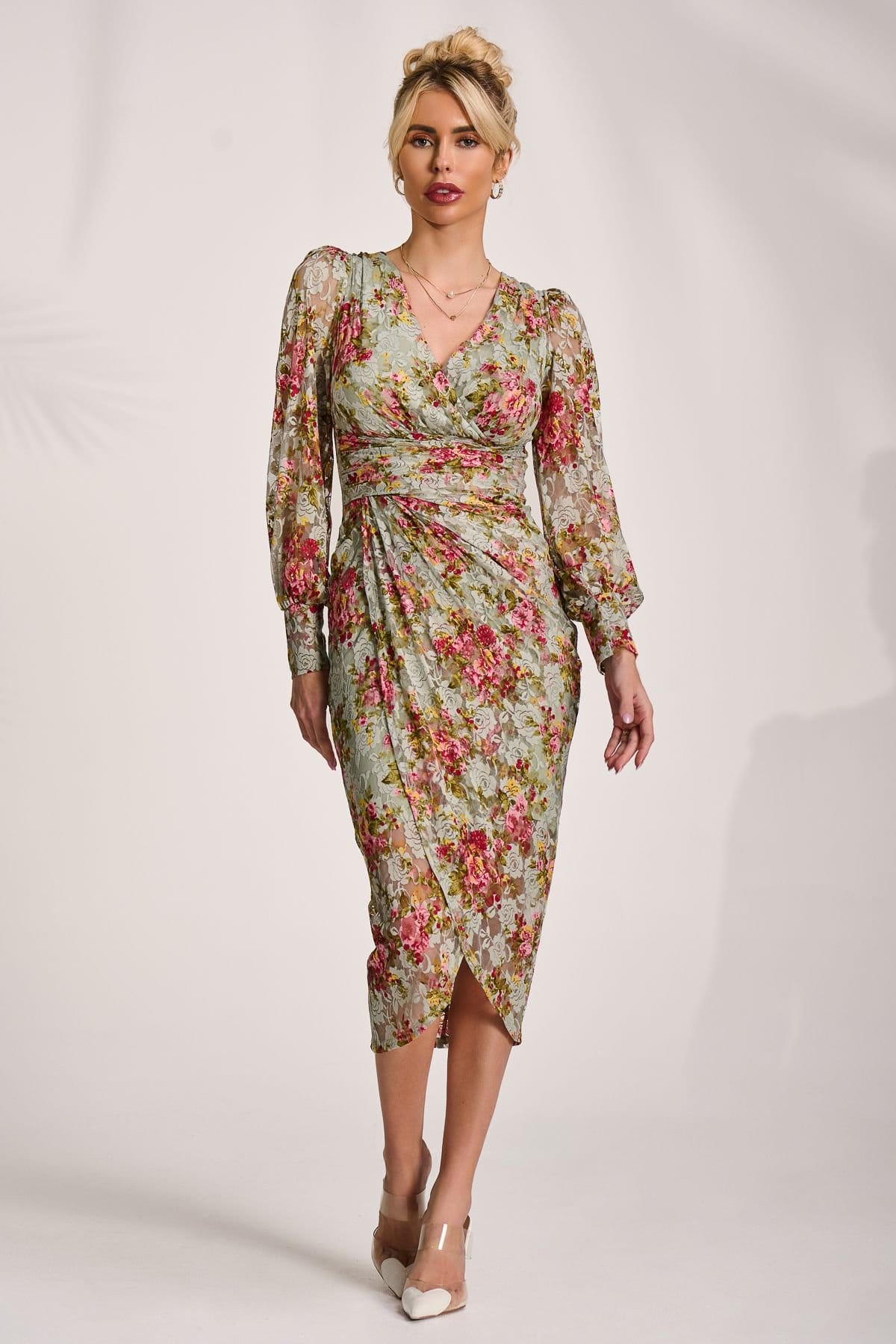 Jolie Moi Jolie Moi Women's Lace Long Sleeve Ruched Bodycon Dress in Green - 4