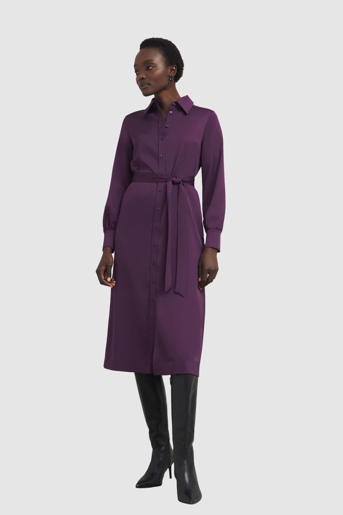 Hobbs London Hobbs London Women's Arianne Satin Midi Shirt Dress in Aubergine