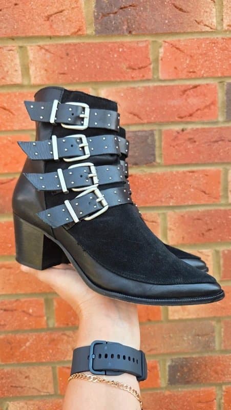 Topshop Black Leather Suede Harness Buckle Studded Biker Goth Western Ankle Boots UK 4/37