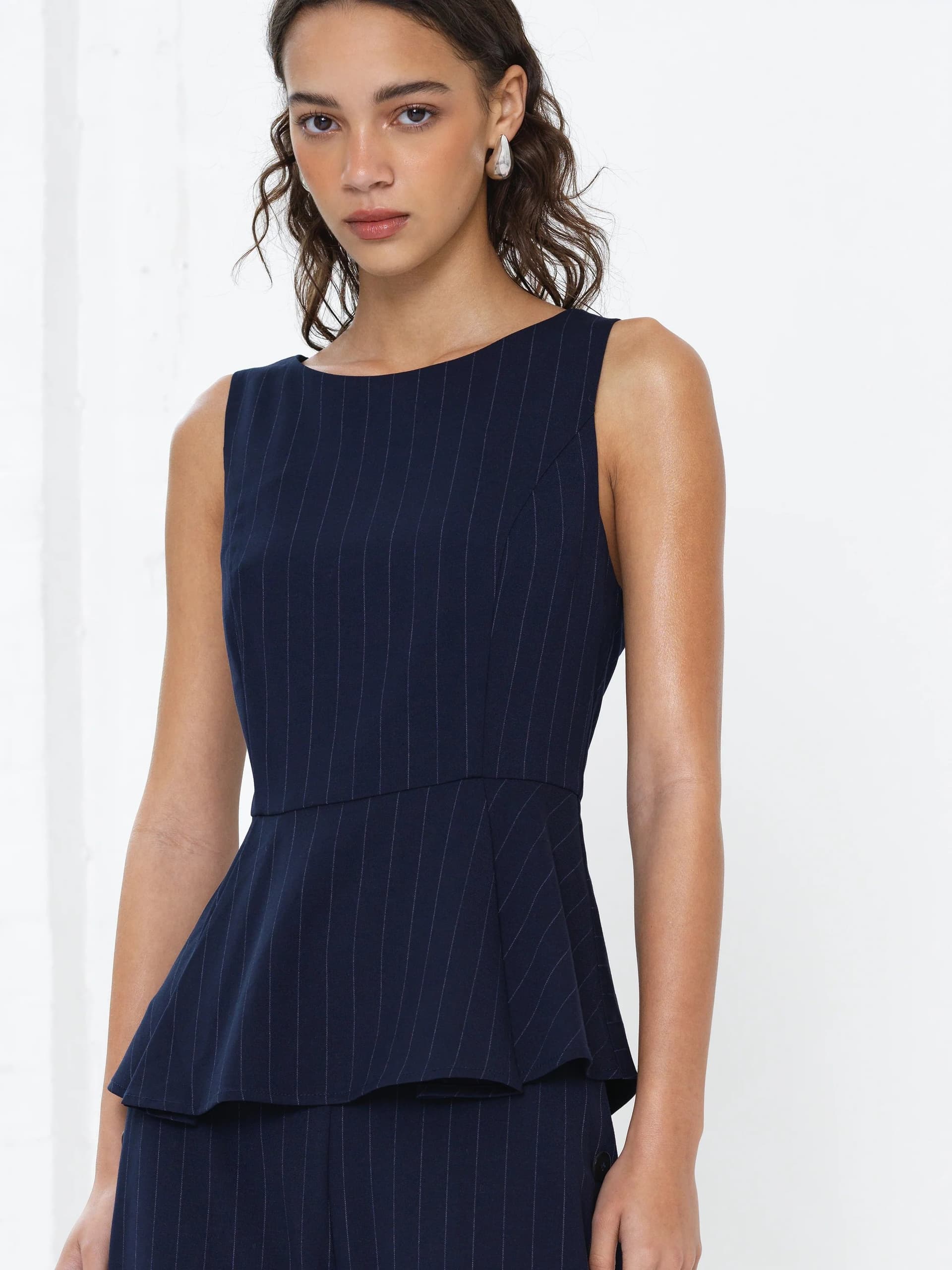 French Connection Alia Pinstripe Peplum Top Navy/Linen White