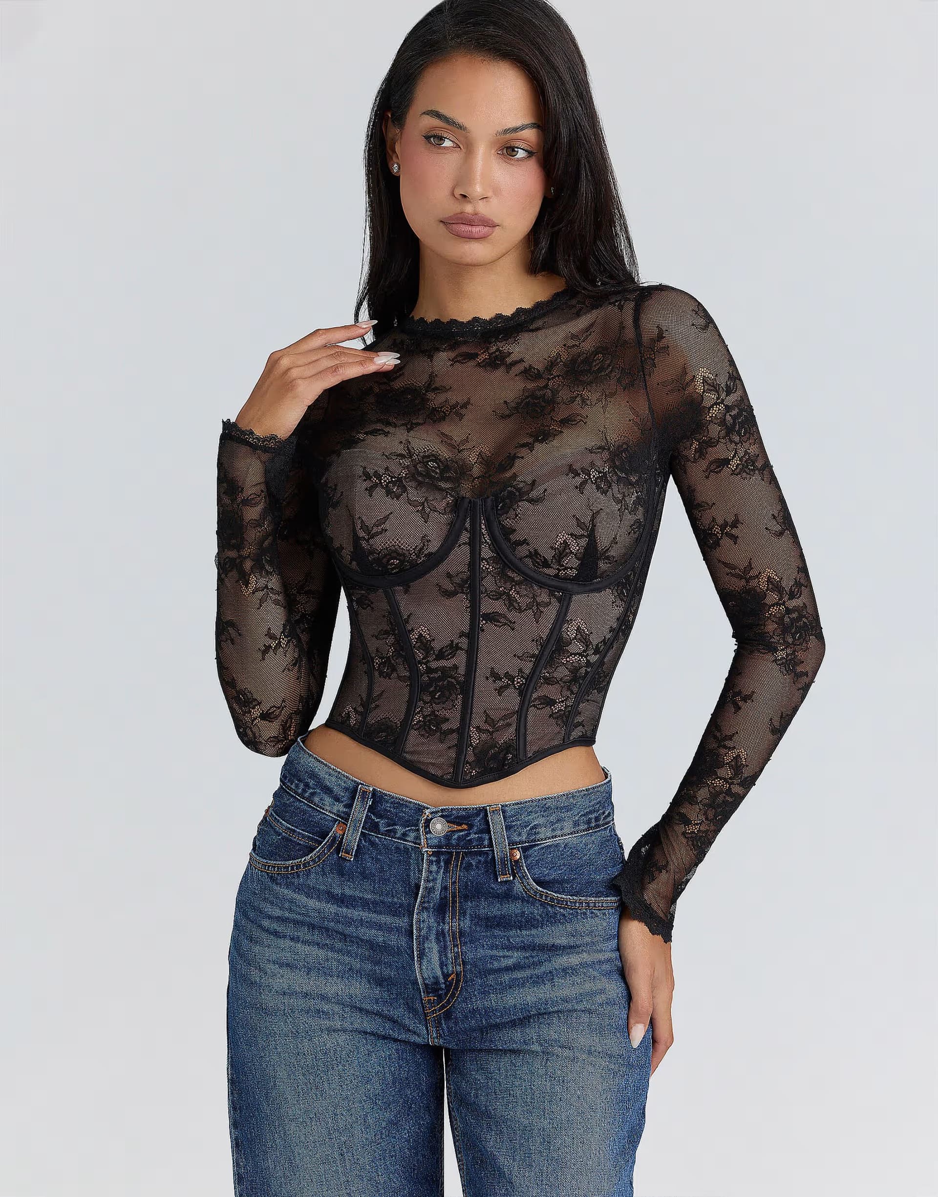 ASOS House of CB Zoe black lace long sleeve corset top in black