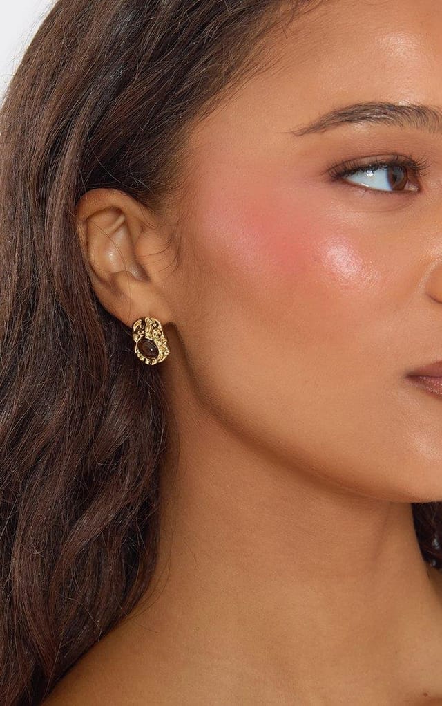 EGO Brown Gem Detail Hammered Stud Earrings In Gold, Women's Size UK 0 - 2