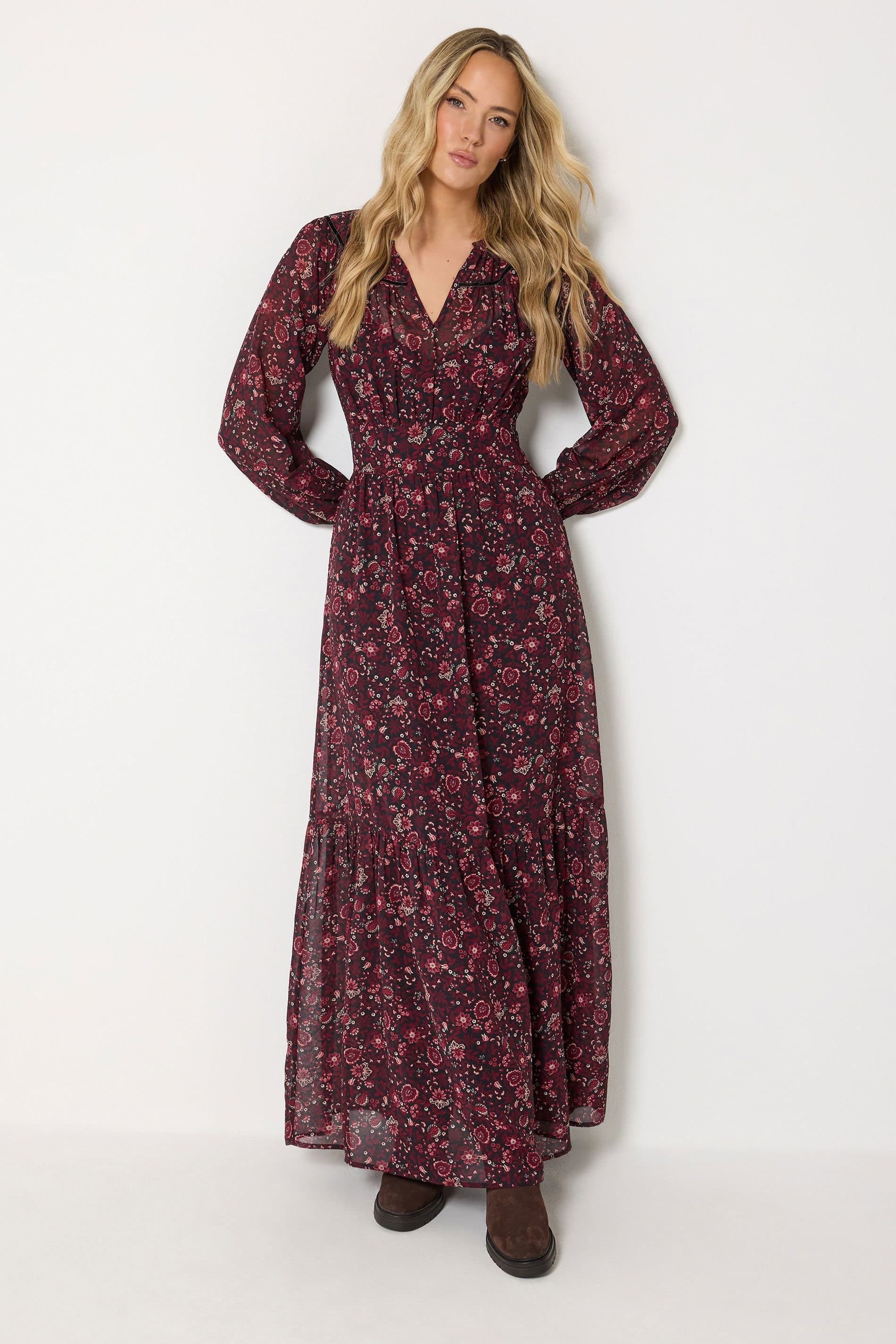 Long Tall Sally Long Tall Sally Women's Tall Floral Sheer Maxi Dress in Burgundy