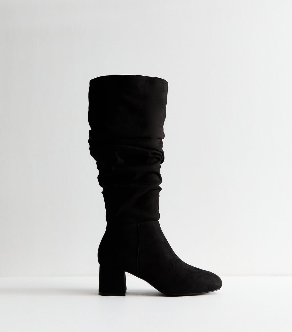 New Look Women's Wide Fit Black Faux Suede Ruched Boots Vegan New Look