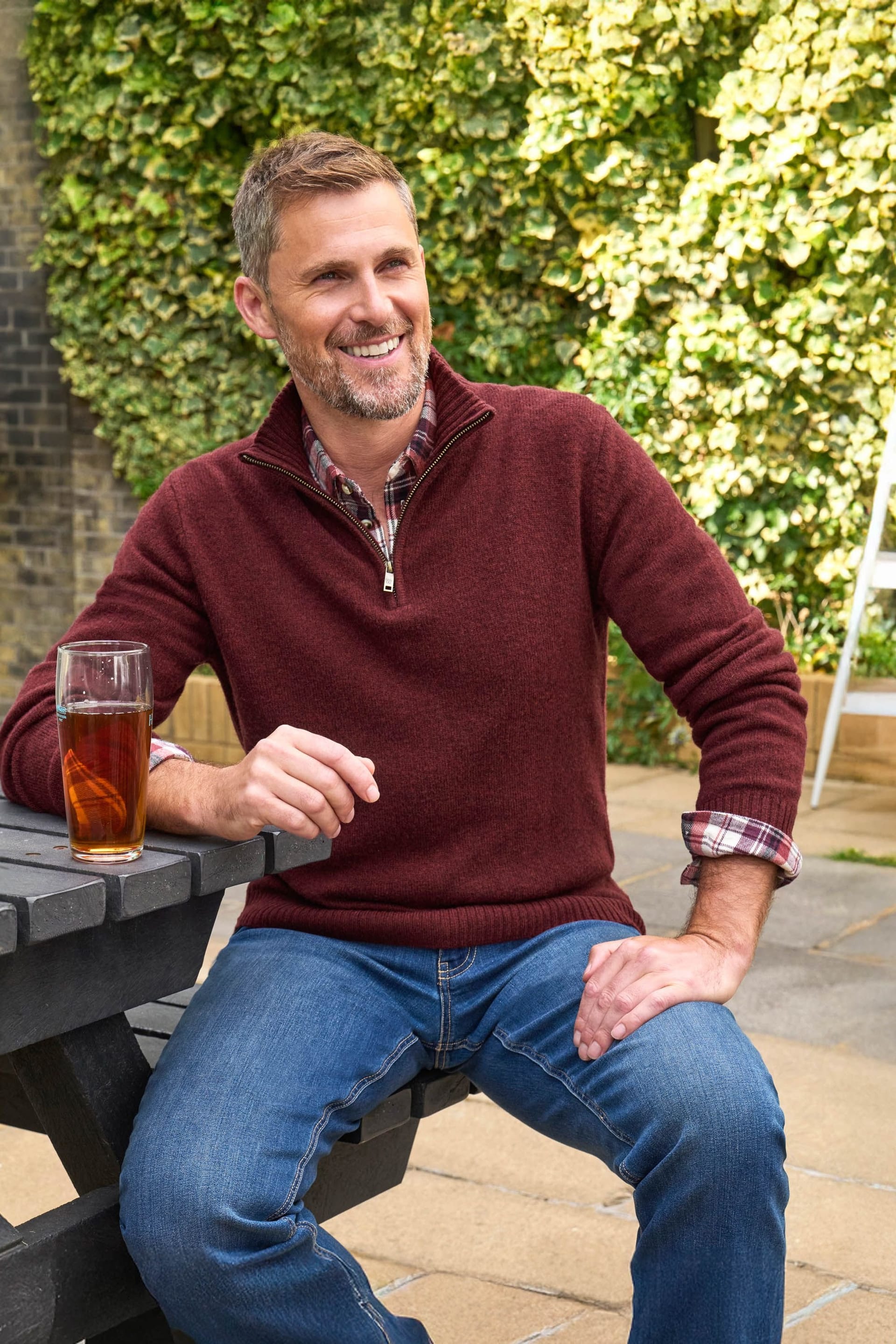 WoolOvers Dark Red Lambswool Zip Neck Jumper