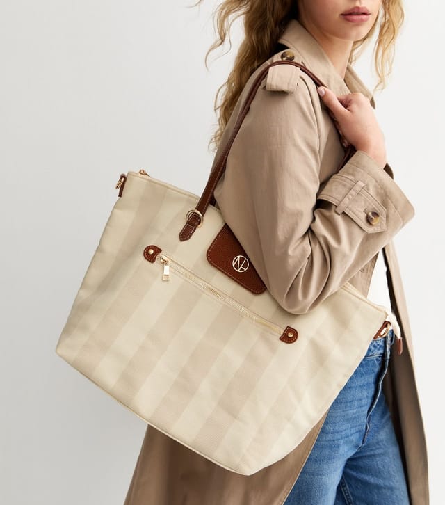 New Look Cream Striped Canvas Faux Leather Trimmed Tote Bag New Look - 2