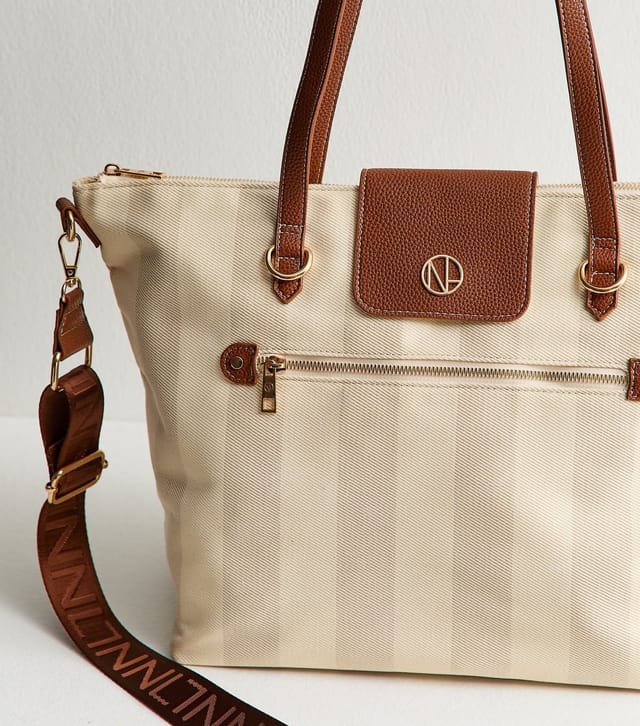 New Look Cream Striped Canvas Faux Leather Trimmed Tote Bag New Look - 3