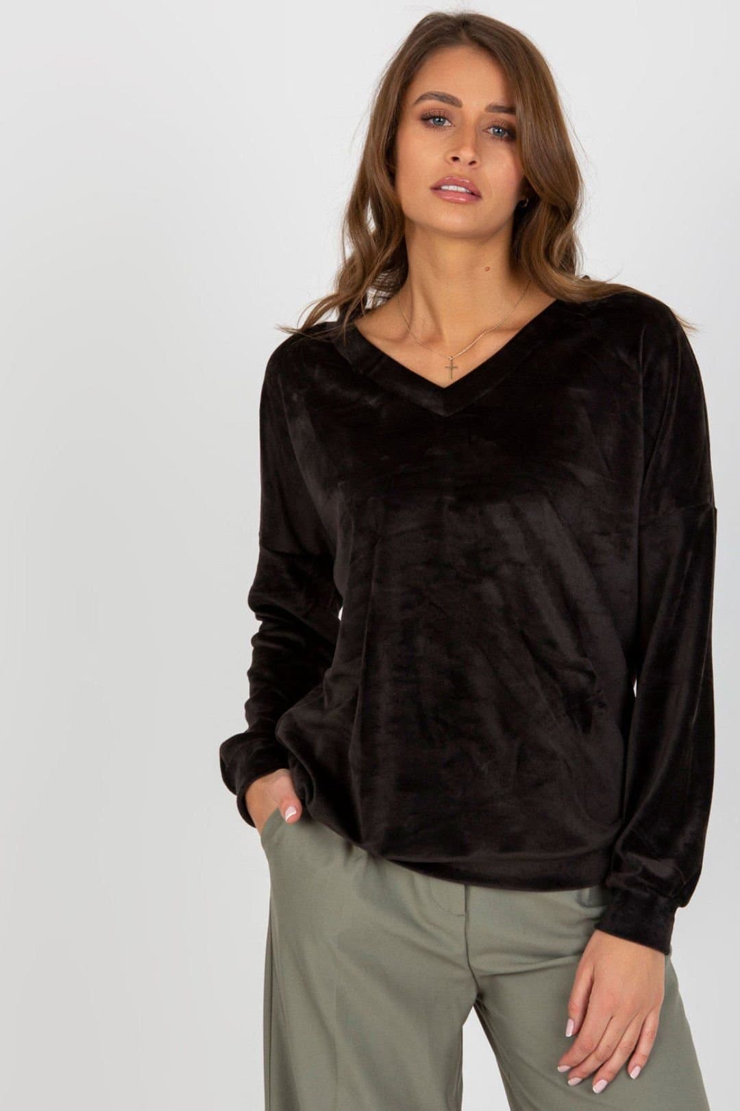 Love Lace Love Lace Black Velour V-Neck Long Sleeve Sweatshirt