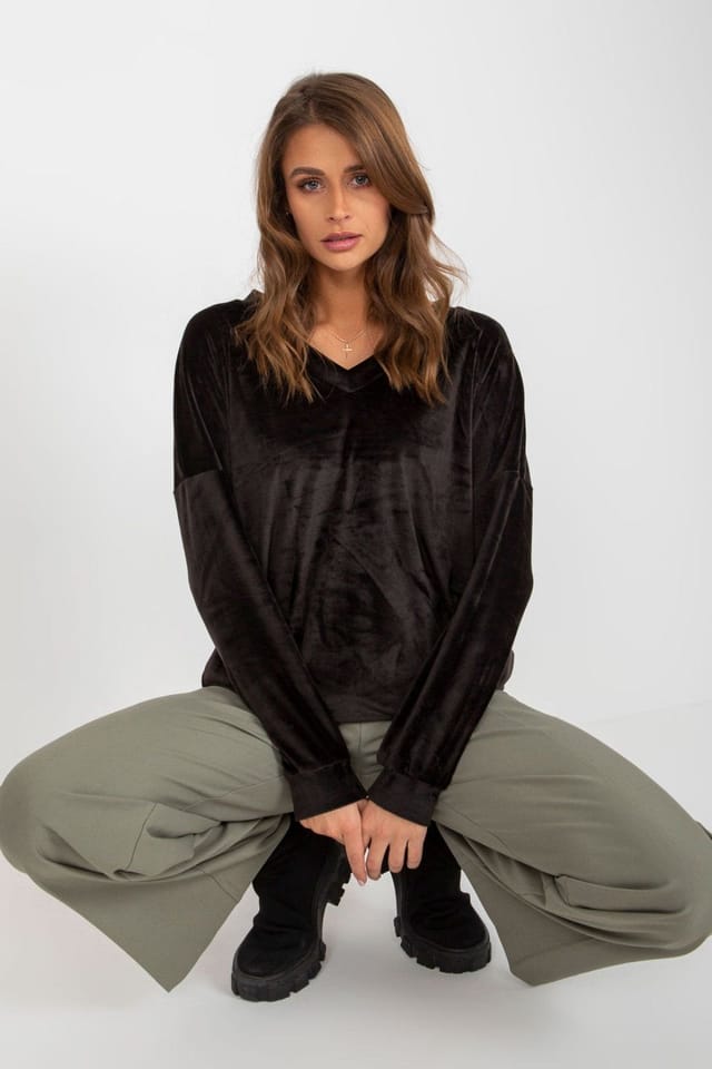 Love Lace Love Lace Women's Velour V Neck Long Sleeve Casual Sweatshirt in Black - 2
