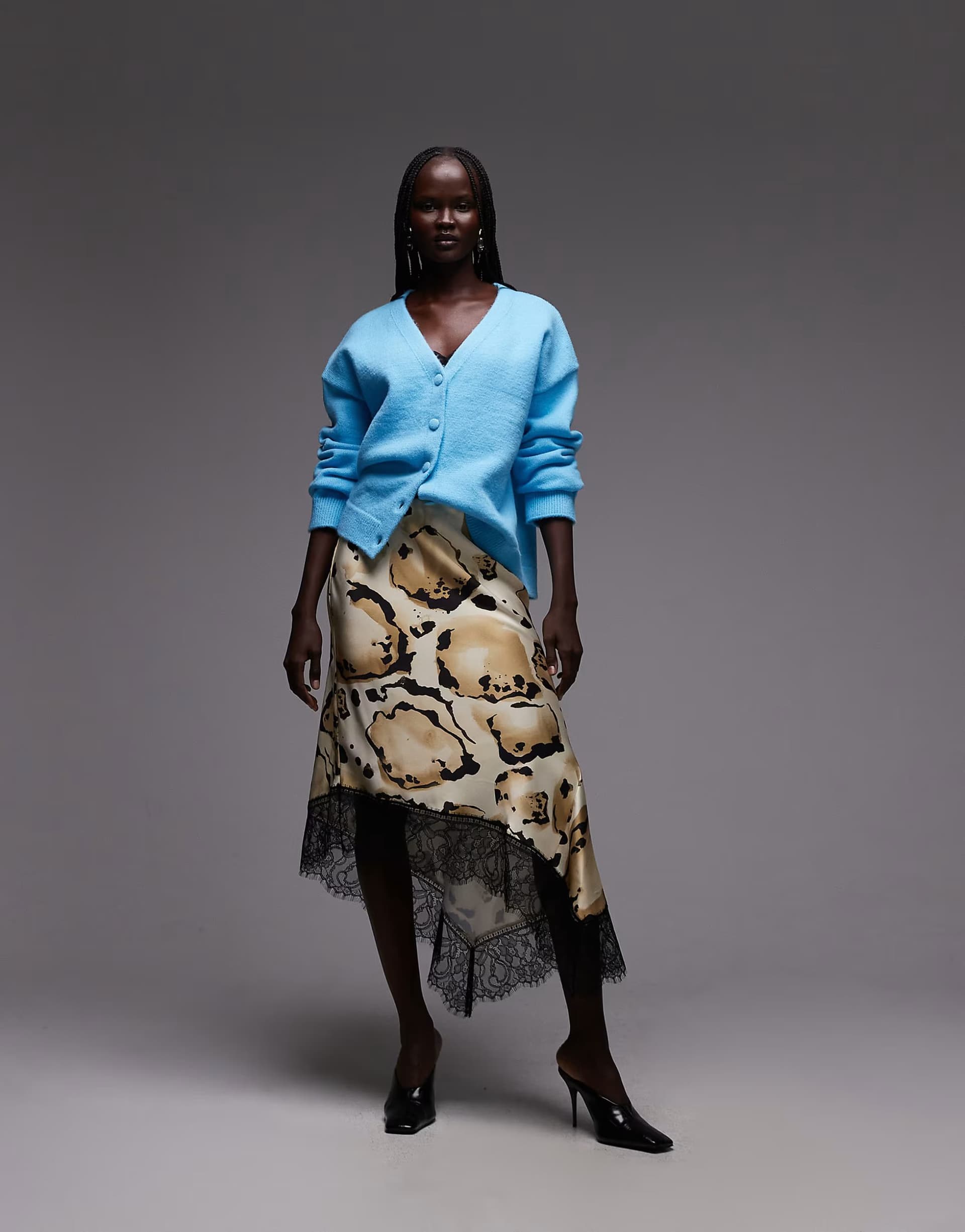 ASOS ASOS DESIGN satin asymmetric lace trim skirt in animal print