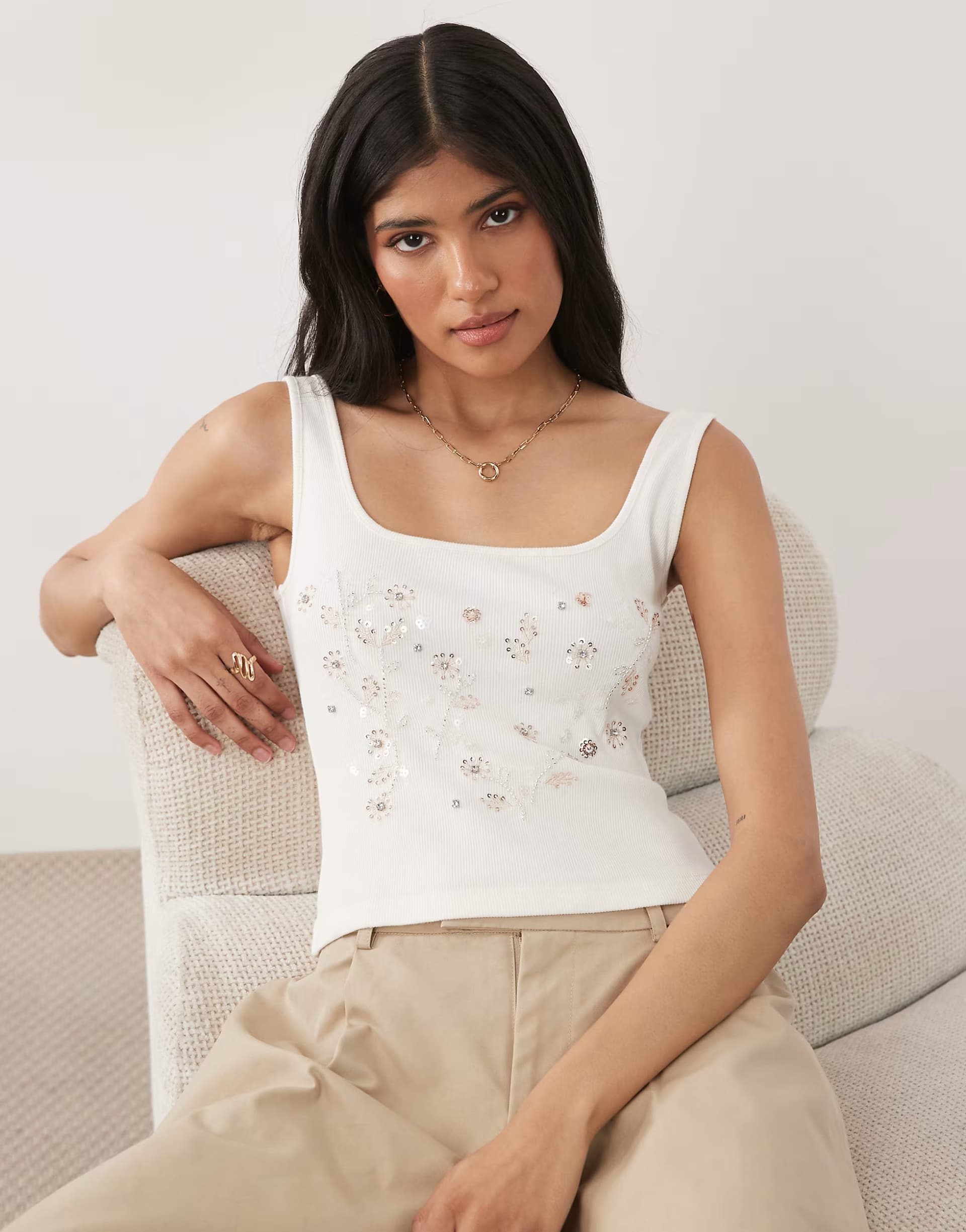 ASOS Miss Selfridge embellished rib square neck top in cream