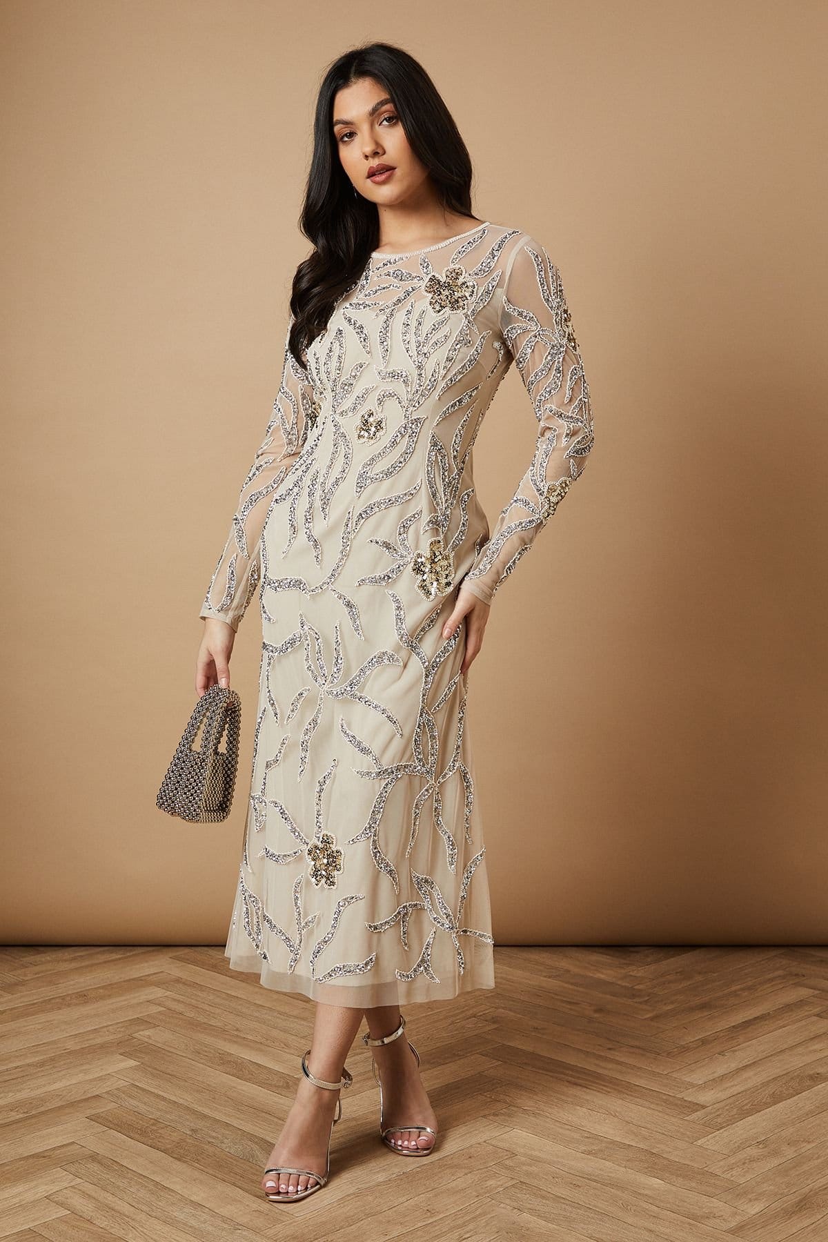 Oasis Women's Hand Embellished Long Sleeve Midi Dress in Neutral