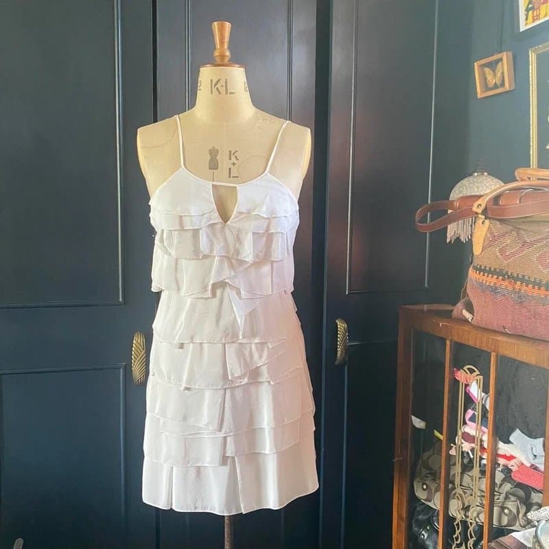 désigner sample 100% silk off-white / oyster ruffle mini-dress. Size XS / Small. New without tags.