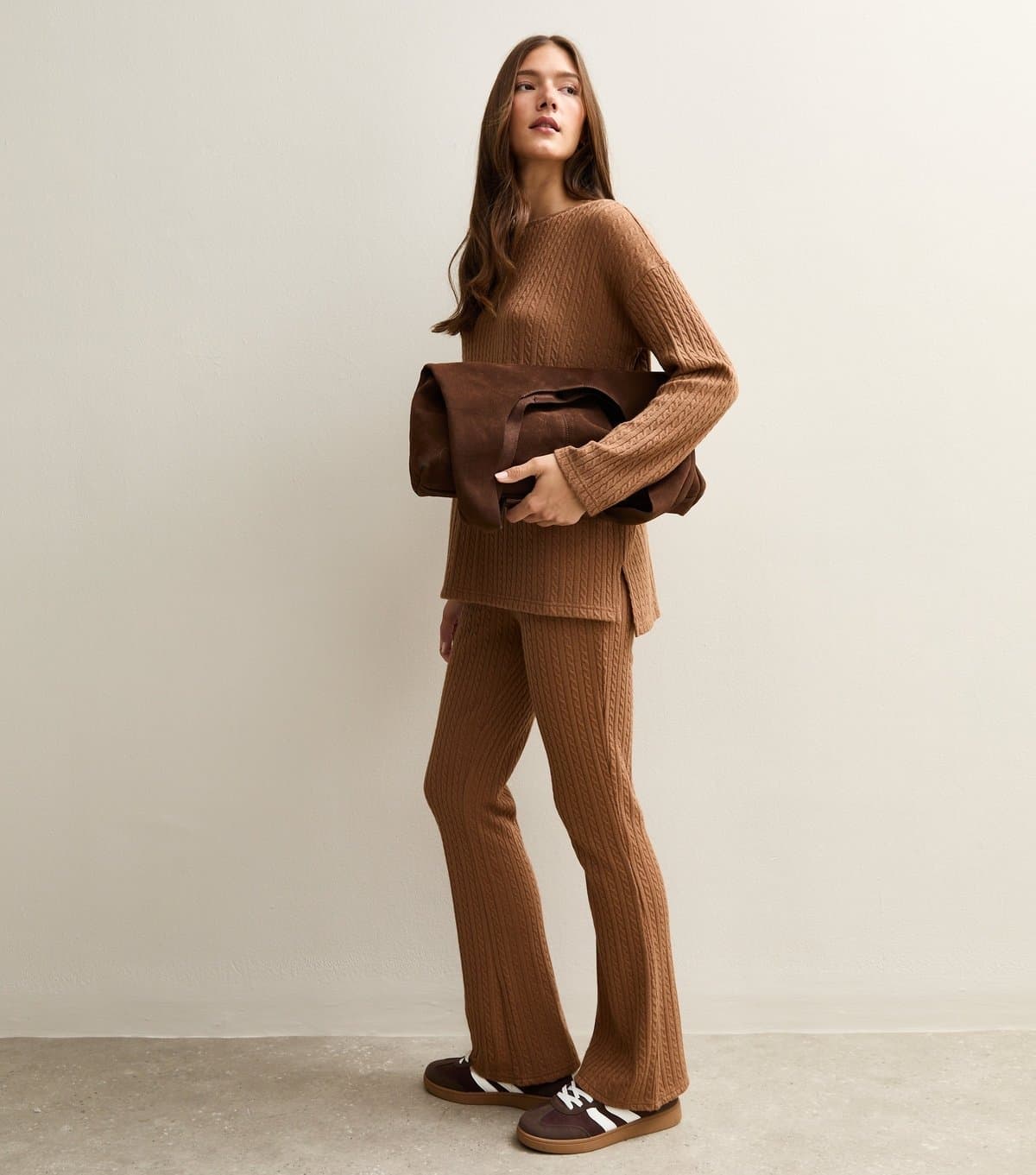 New Look Women's Tan Soft Touch Cable Knit Flared Trousers New Look