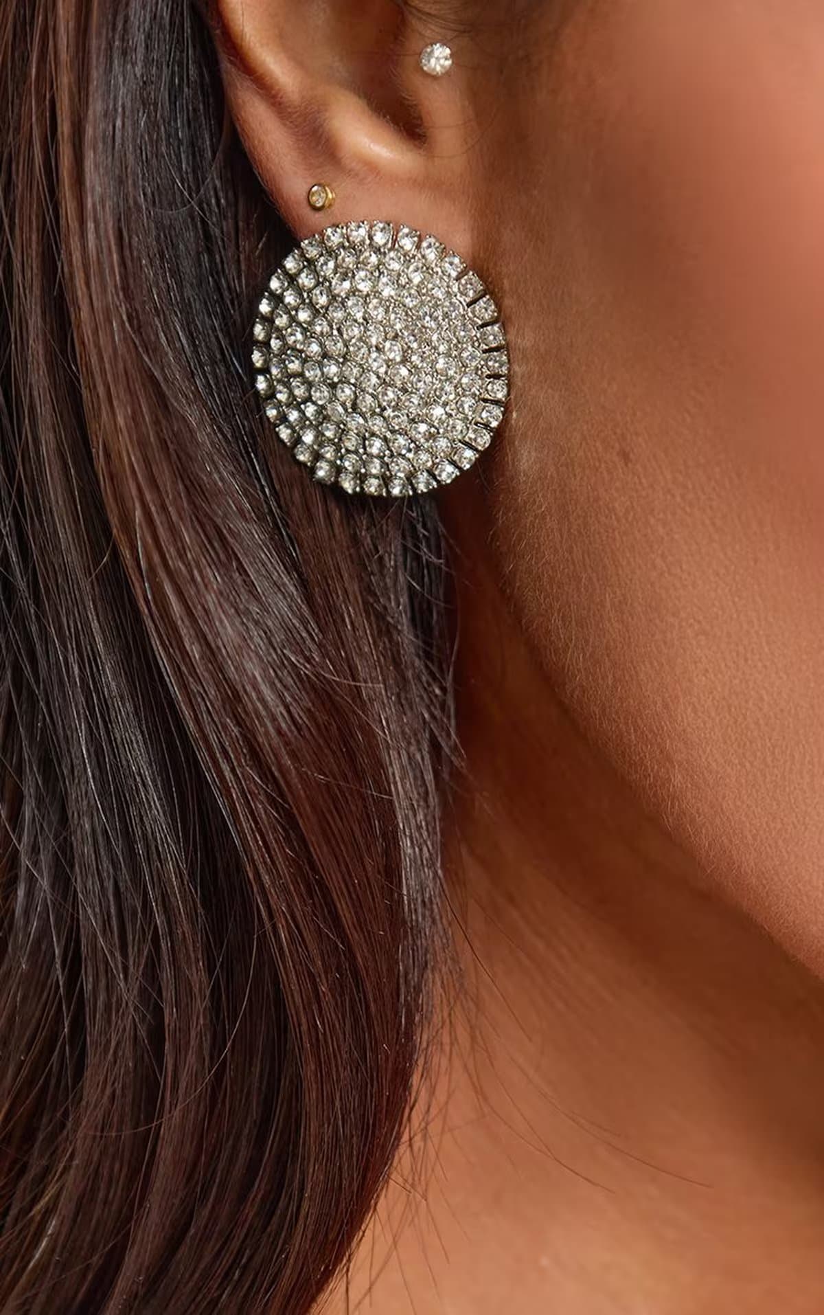 EGO Round Shape Stud Earring In Silver Diamante, Women's Size UK 0