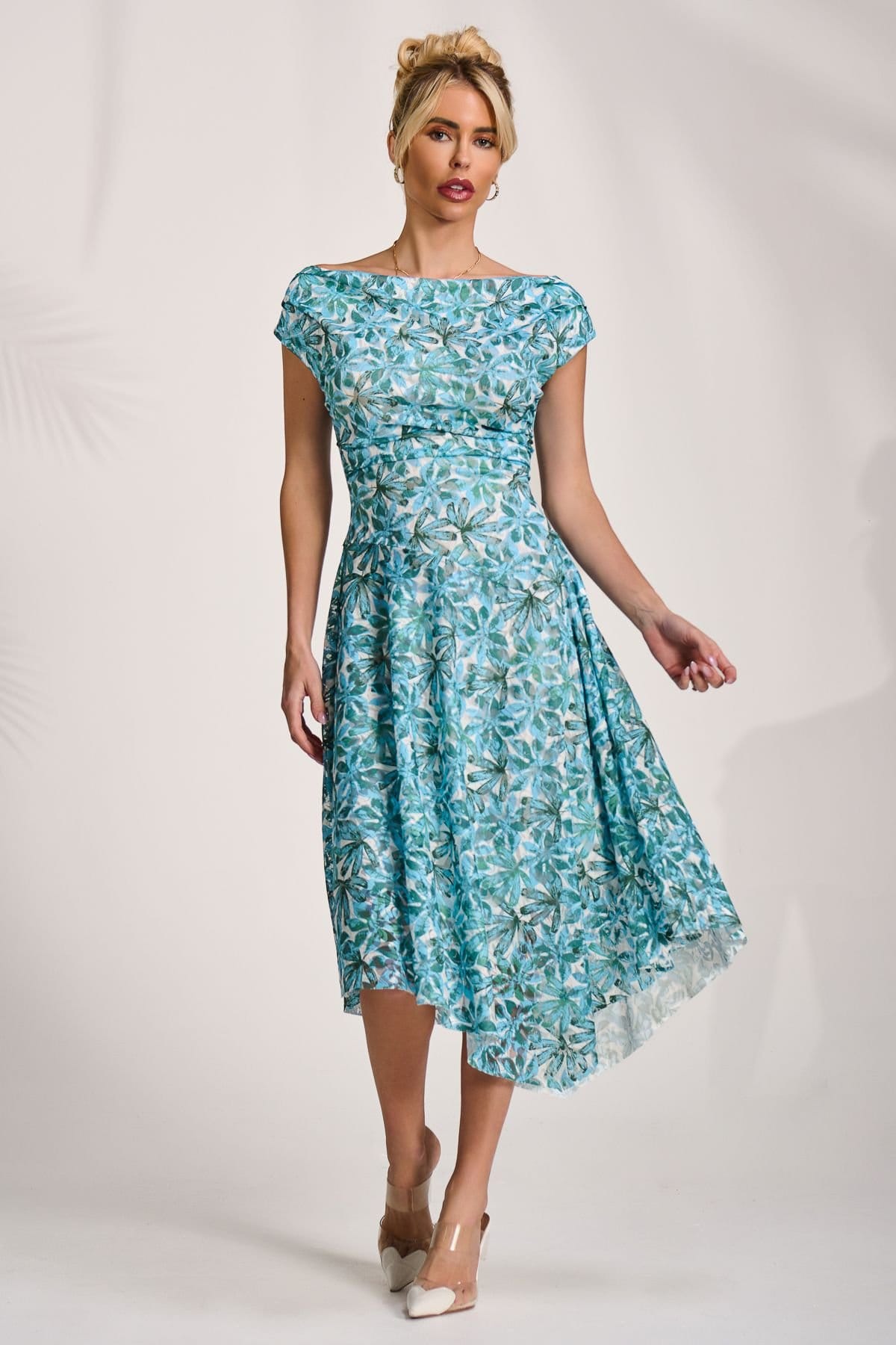 Jolie Moi Jolie Moi Women's Asymmetric Printed Lace Draped Dress in Blue - 4