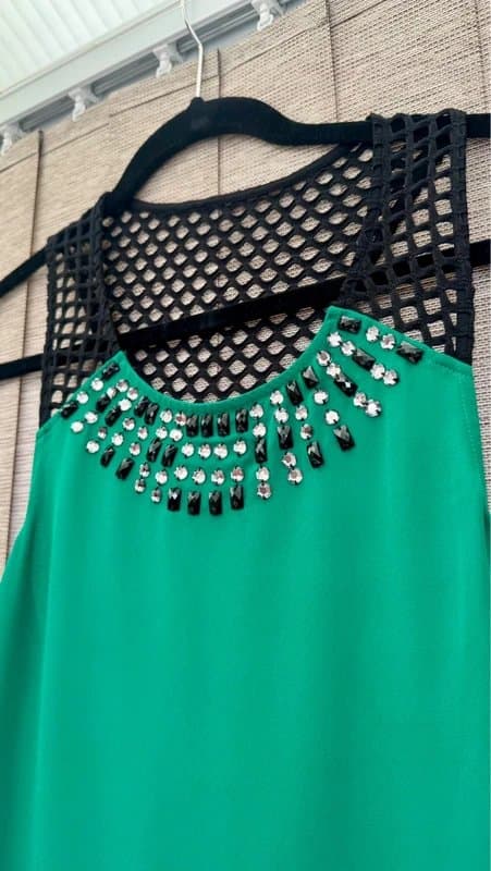 Express Express green embellished party top mesh back sleeveless uk m
